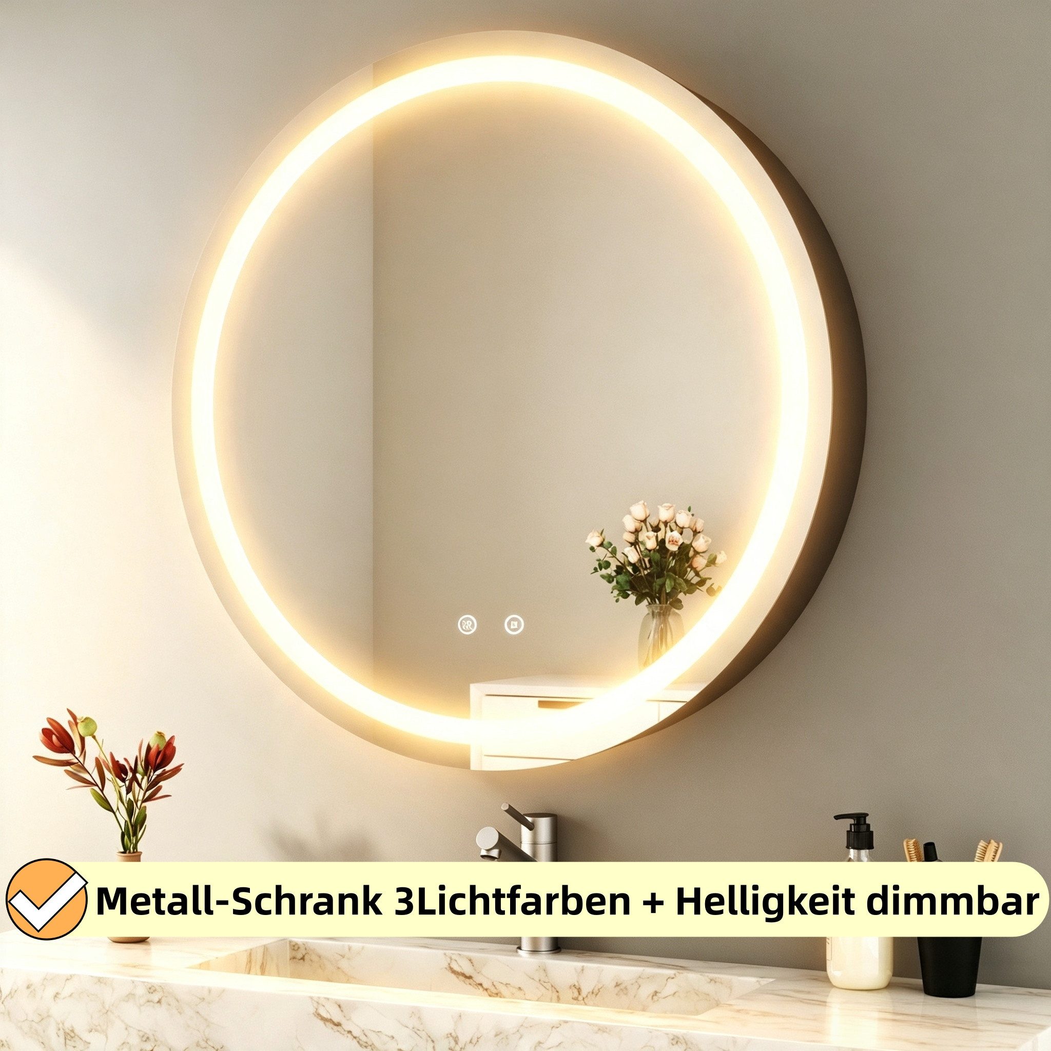 WDWRITTI Spiegelschrank Bad mit Beleuchtung Badezimmerspiegelschrank mit LED ∅80cm, ∅60cm (Wandschrank Badezimmer Rund 60x60cm 80x80cm, 3Lichtfarben, Dimmbar, Anti-fog, Speicherfunktion) Metall Schrank, Stahlblechregale, mit Netzadapter, IP44