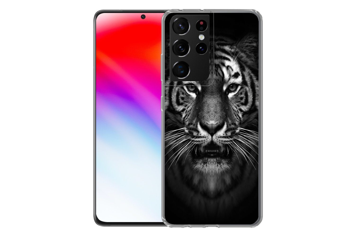 MuchoWow Handyhülle für Samsung Galaxy S21 Ultra Tiger - Tiere - Schwarz - Weiß - Porträt, Phone Case, Silikon, Schutzhülle Dünn