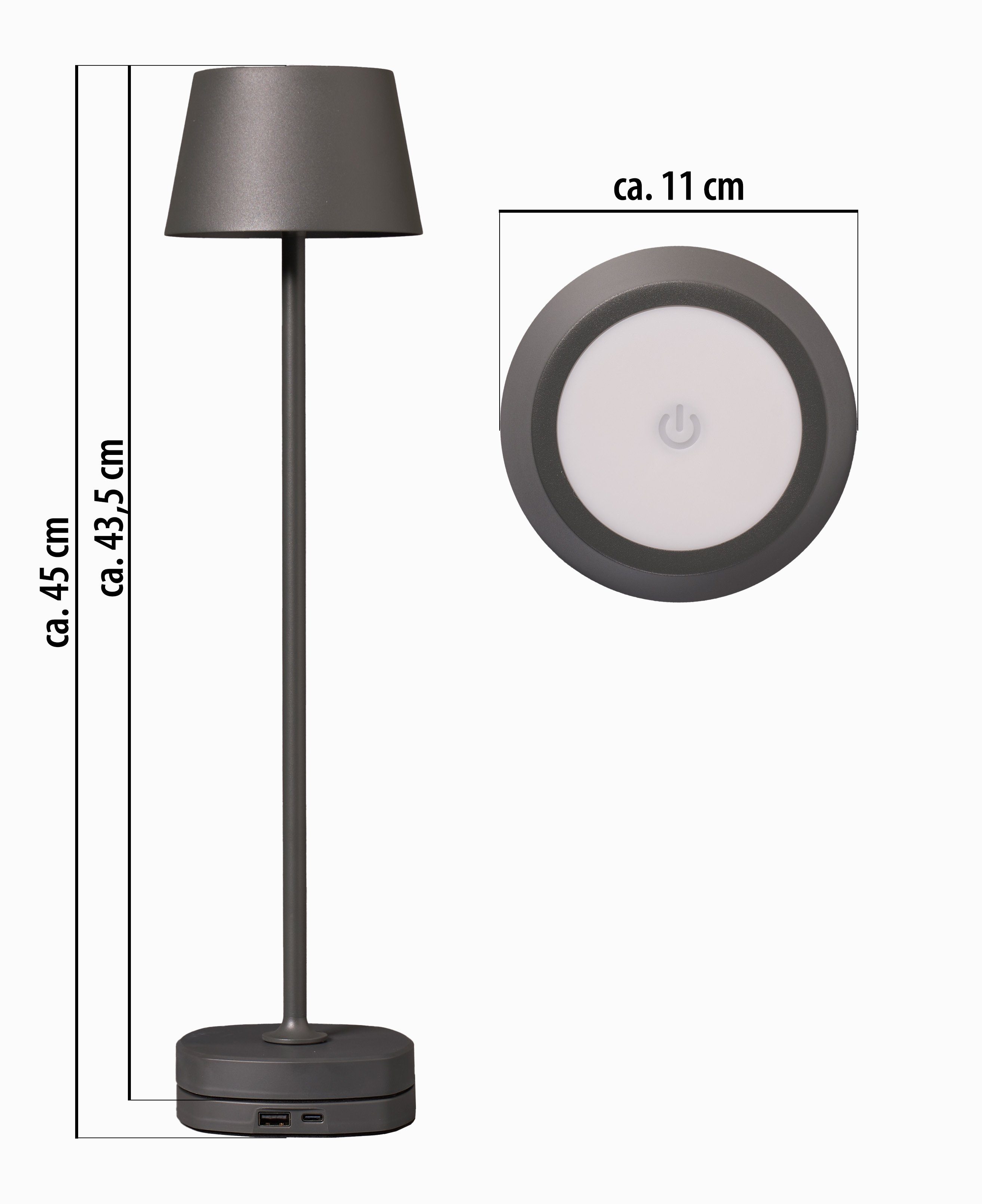 Northpoint Tischleuchte LED mit grau warmweiße dimmbar Tischlampe 45cm hoch Ladestation Akku max