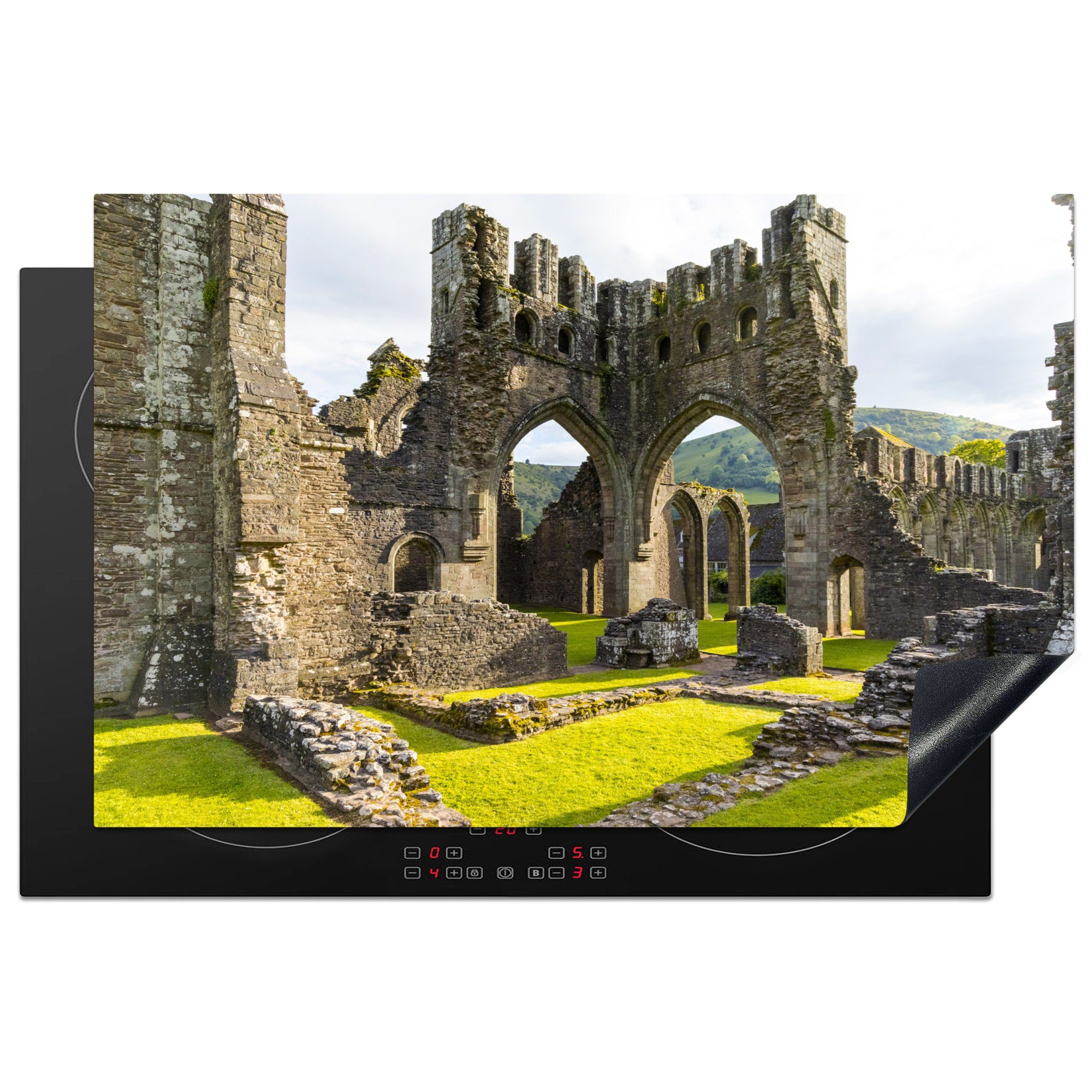 MuchoWow Herdblende-/Abdeckplatte Ruinen einer alten Burg in Wales, UK, Vinyl, (1 tlg), 81x52 cm, Induktionskochfeld Schutz für die küche, Ceranfeldabdeckung