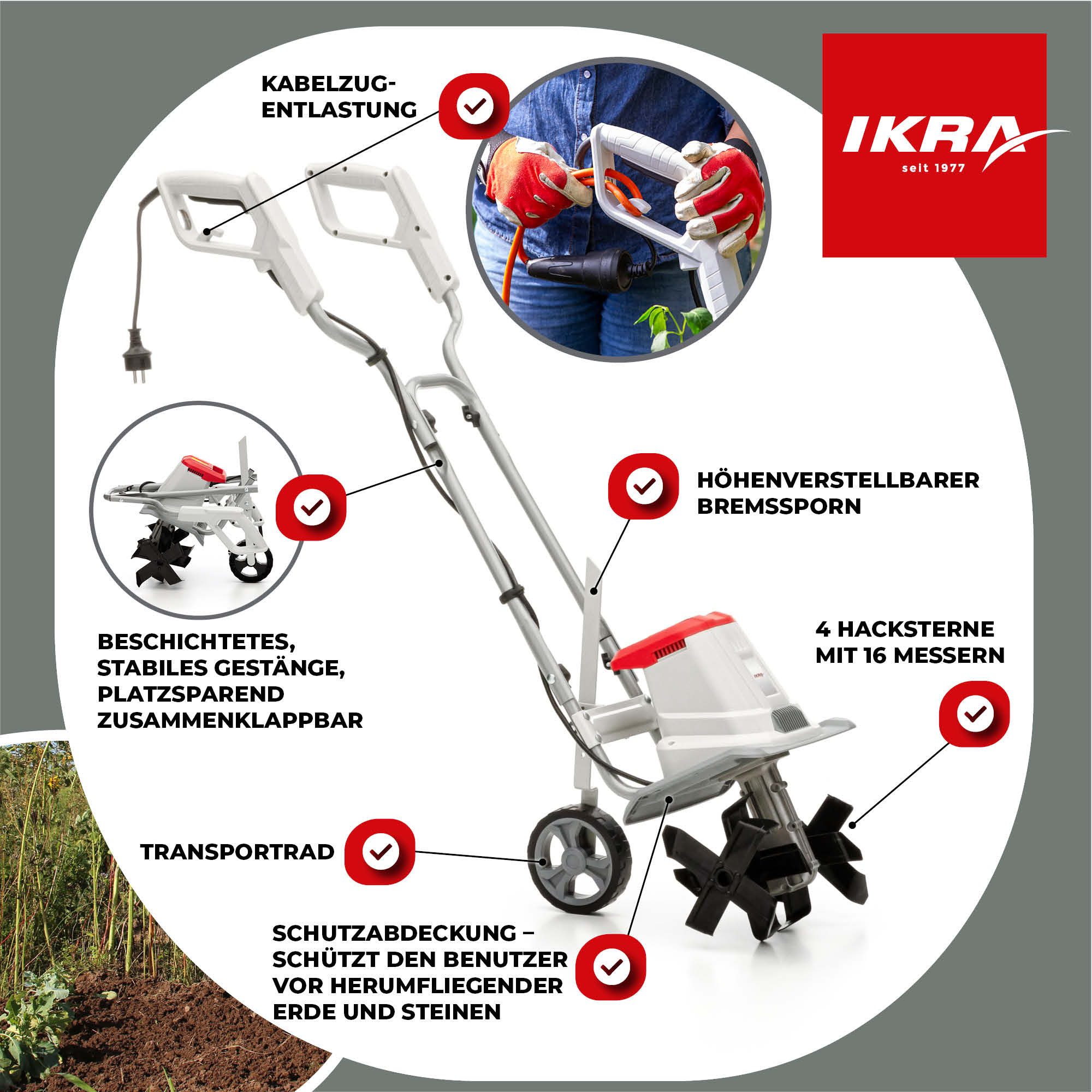 ikra GmbH Elektromotorhacke IET 1030, 30 cm Arbeitsbreite, 30 cm Schnittbreite, mit Handgrubber, Sicherheitsschalter, höhenverstellbarer Hacksporn, Transportrad
