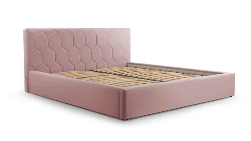 MOEBLO Polsterbett Bett 02 (Double Doppelbett mit Kopfstütze, Rahmenbettgestell, mit Bettkasten und Lattenrost), gepolstertes Kopfteil