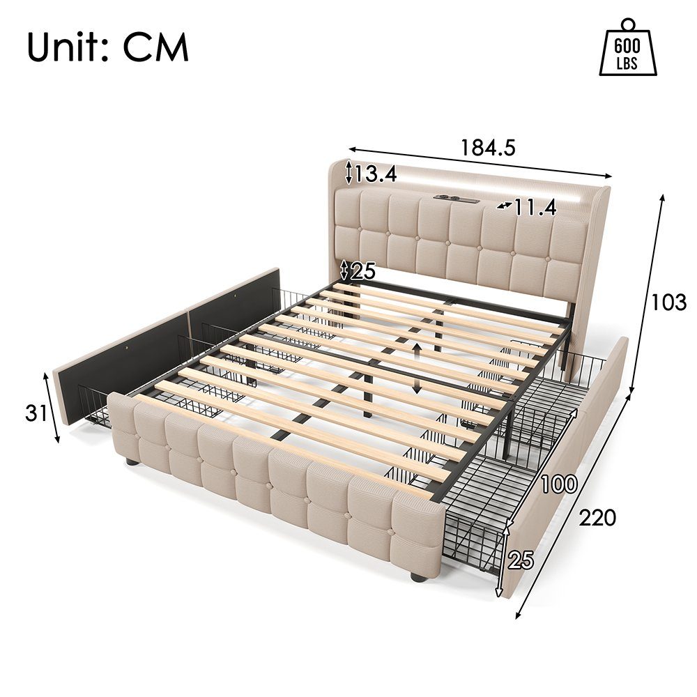Polsterbett (Stauraumbett mit Lattenrost), Dopplebett 180x200cm mit LED-Beleuchtung, Ladefunktion & 4 Schubladen