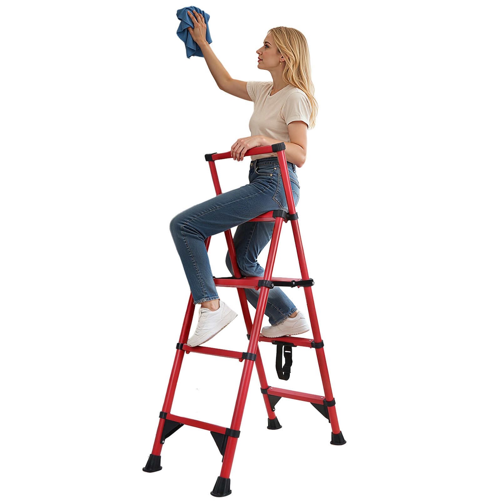 Rutaqian Vielzweckleiter Stehleiter Solidy Haushaltsleiter 4 Stufen Aluminium Klappleiter (Set, 1-St), Handlauf Arbeitsleiter mit Luftgepolsterte,rutschfeste Füße,Bis 150kg