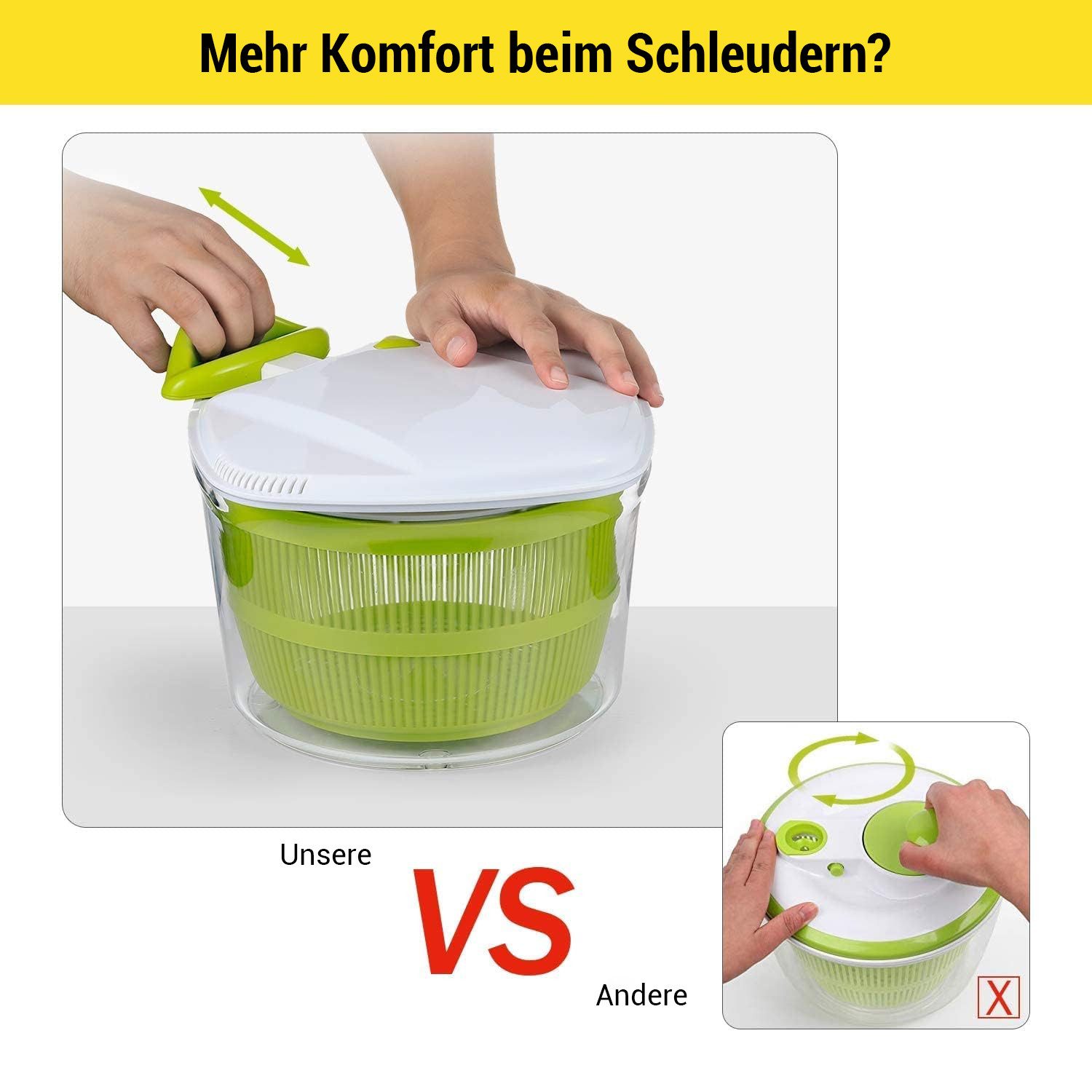 Elegear Salatschleuder Salatentwässerer Spinderella, 5 Liter, ø 24,5 cm, Kunststoff BPA-frei, (1-tlg), herausnehmbarer Siebeinsatz, Deckel & Stopp-Knopf, mit Schüssel