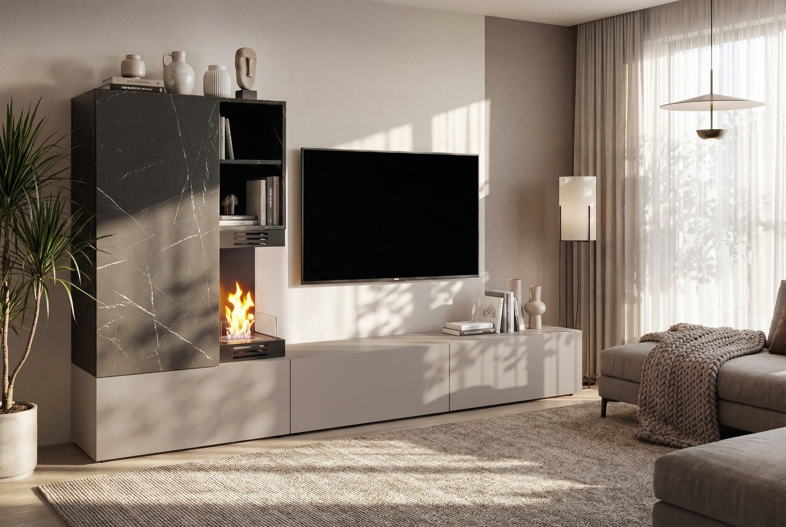 ASM-Moebel Wohnwand Anbauwand Wohnwand GINA mit Push-Click und Bio-Ethanol Kamin, Mit Bio-Ethanol Kamin und Push-Click System.