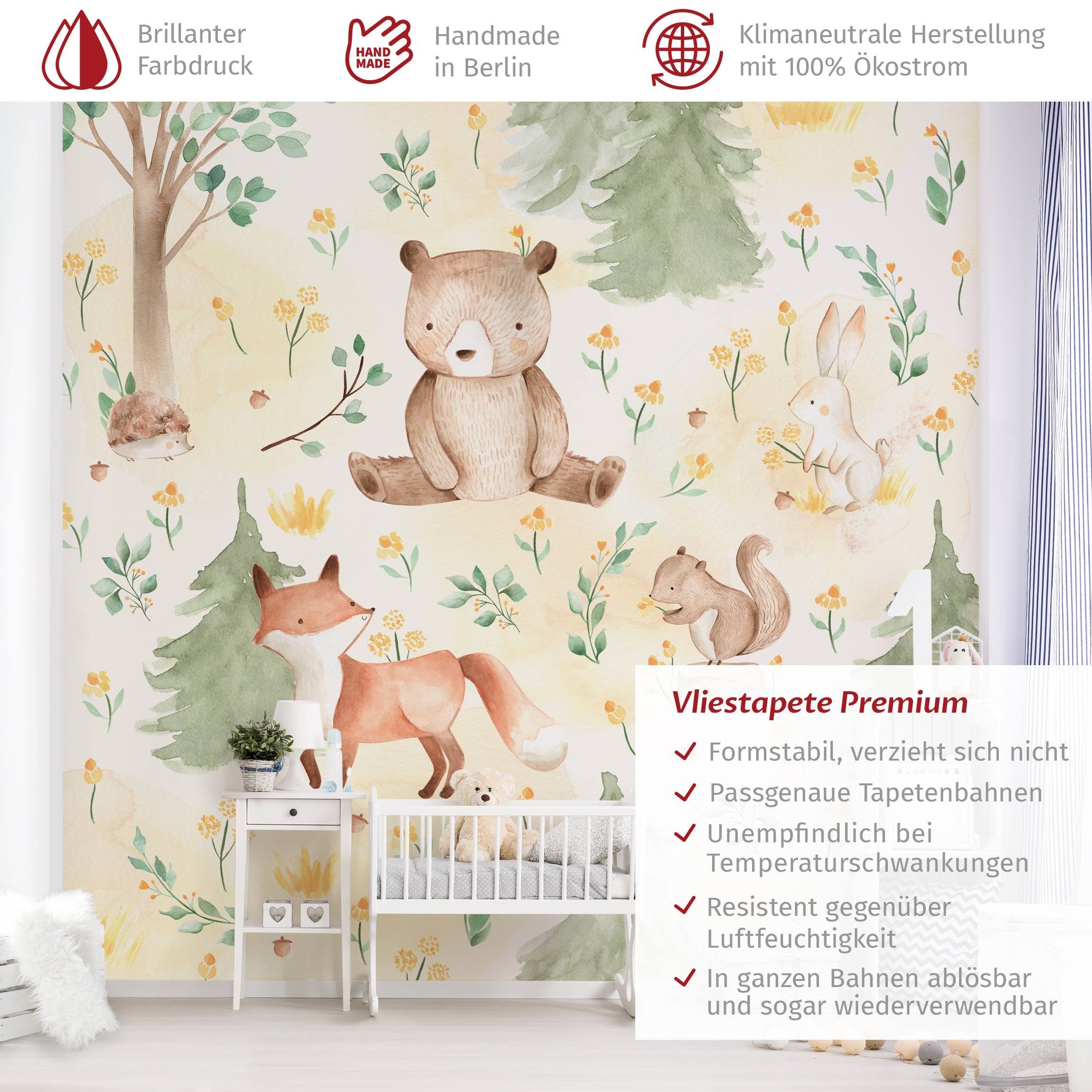 Bilderdepot24 Kindertapete Kinderzimmer Fuchs Bär Blumen günstig online kaufen