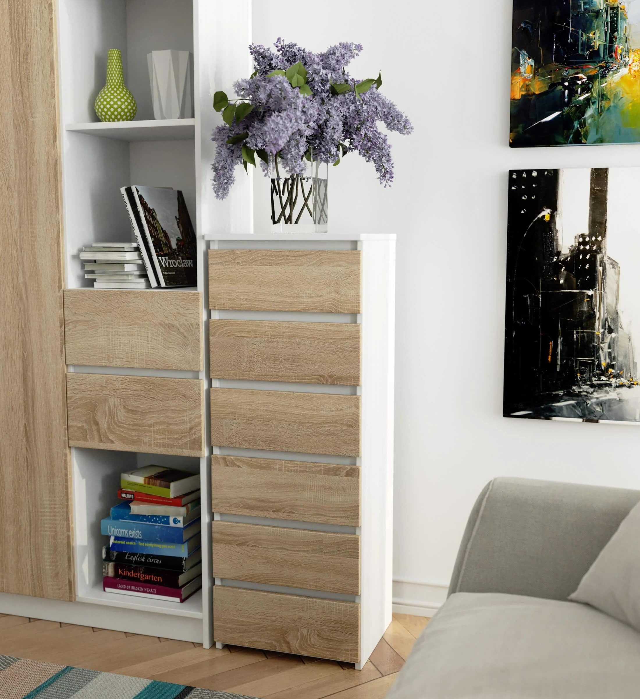 Milord FURNITURE Kommode mit 6 Schubladen 40 cm breit Holz Schrank B40xH109xT35 cm (Highboard Anrichte Schlafzimmer Wohnzimmer Flur Büro Organizer)