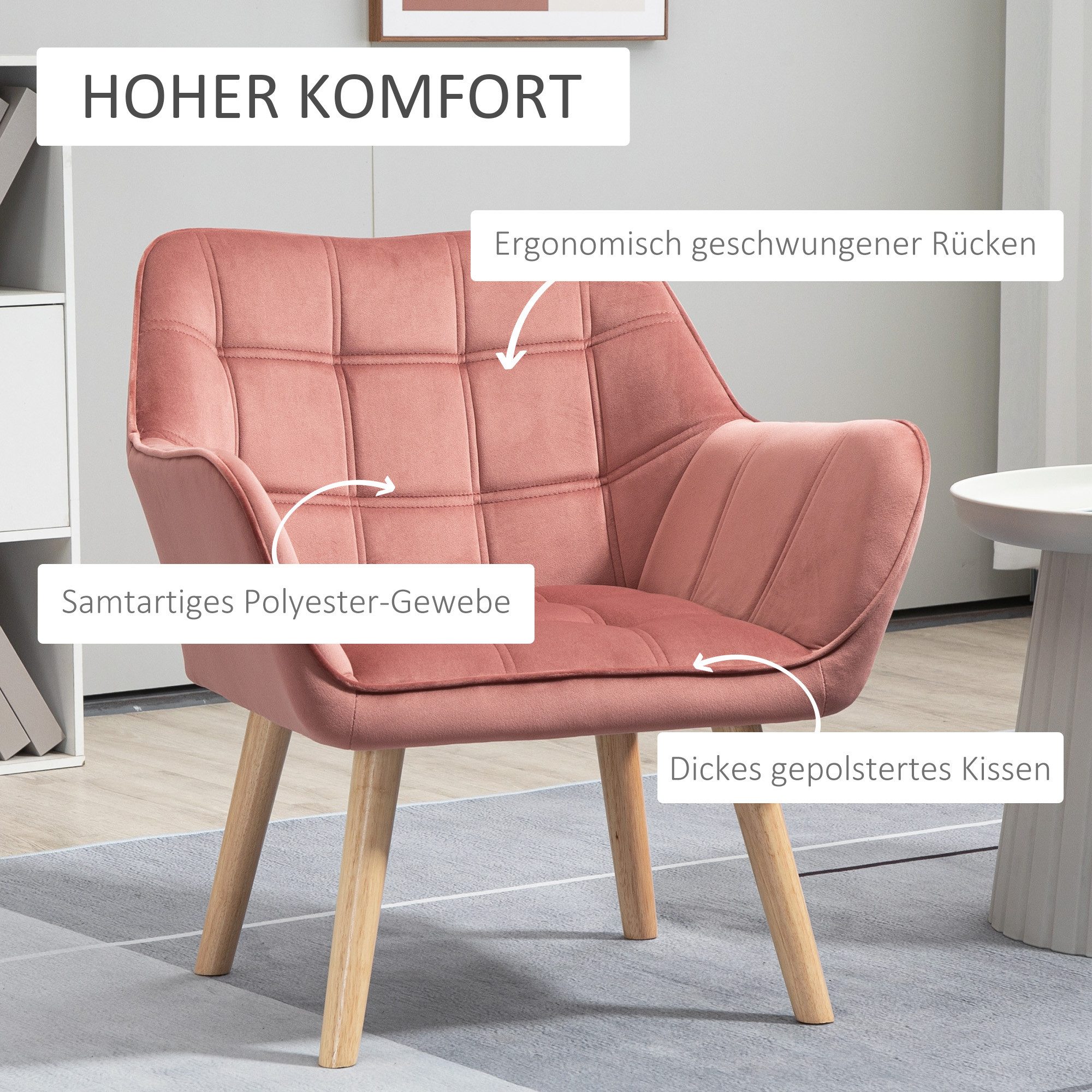 HOMCOM Relaxsessel Einzelsessel Ohrensessel, Sessel mit Samt, erhöhte Beine (Esszimmerstuhl, 1-St., Stuhl), für Wohnzimmer, Schlafzimmer, Rosa