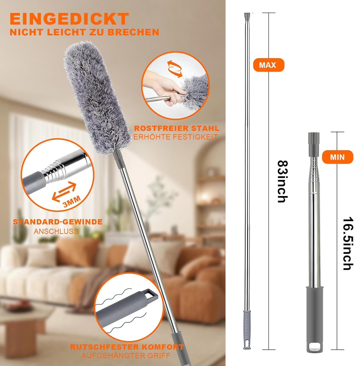 ibettertec Staubwedel Staubwedel Teleskop, Spinnenwebenentferner Mikrofaser Staubwische 7Pcs (7-St), für Reinigung Unter Sofa Spinnweben,Lücken Decken Spinnweben Grau