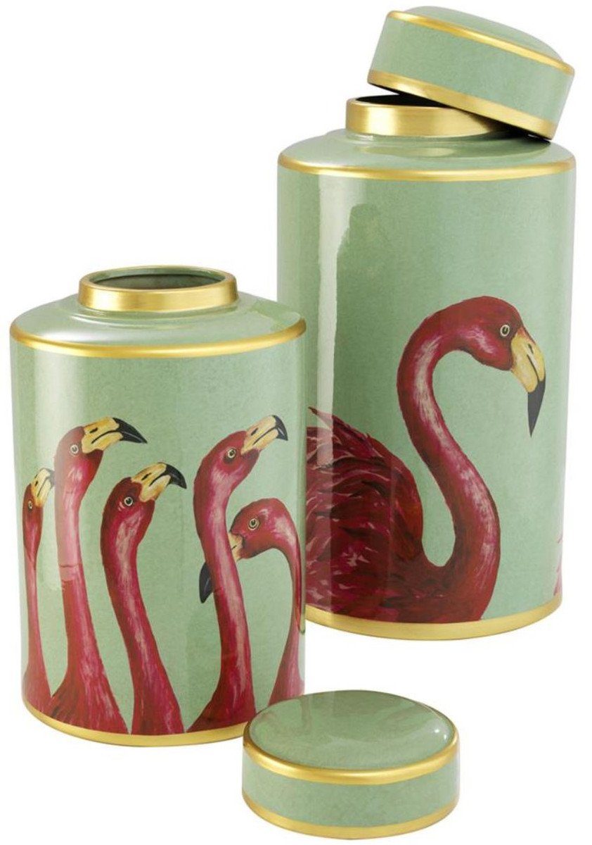 Luxus Casa Gold / Padrino Flamingos Deckel Dosen - Deko Set mit Dosen Mehrfarbig Porzellan Dekoobjekt