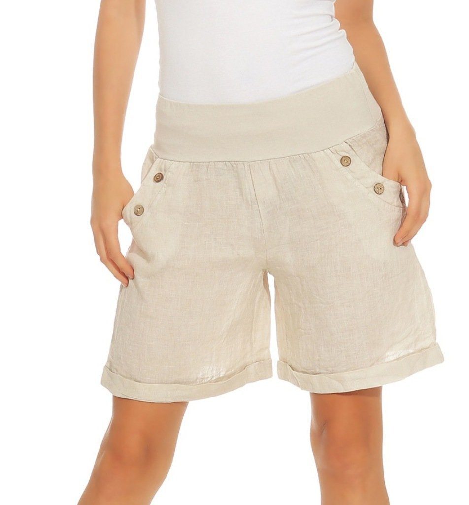 in Leinen Mississhop Leinenhose 100 Damen Unifarbe Hose elastischem mit Bermuda Leinenshorts Bund, % 280 Shorts kurze Beige