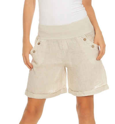 Mississhop Leinenhose Damen Shorts Leinenshorts Bermuda 100 % Leinen kurze Hose 280 mit elastischem Bund, in Unifarbe