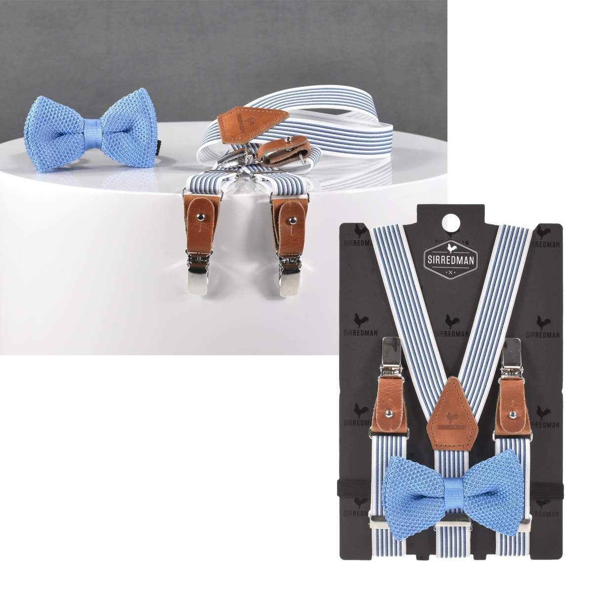 lang, Sir weiß Redman Fliege, blau Kinderhosenträger, Hosenclips, mit 80cm Kids blau-weiß Set, Hosenträger