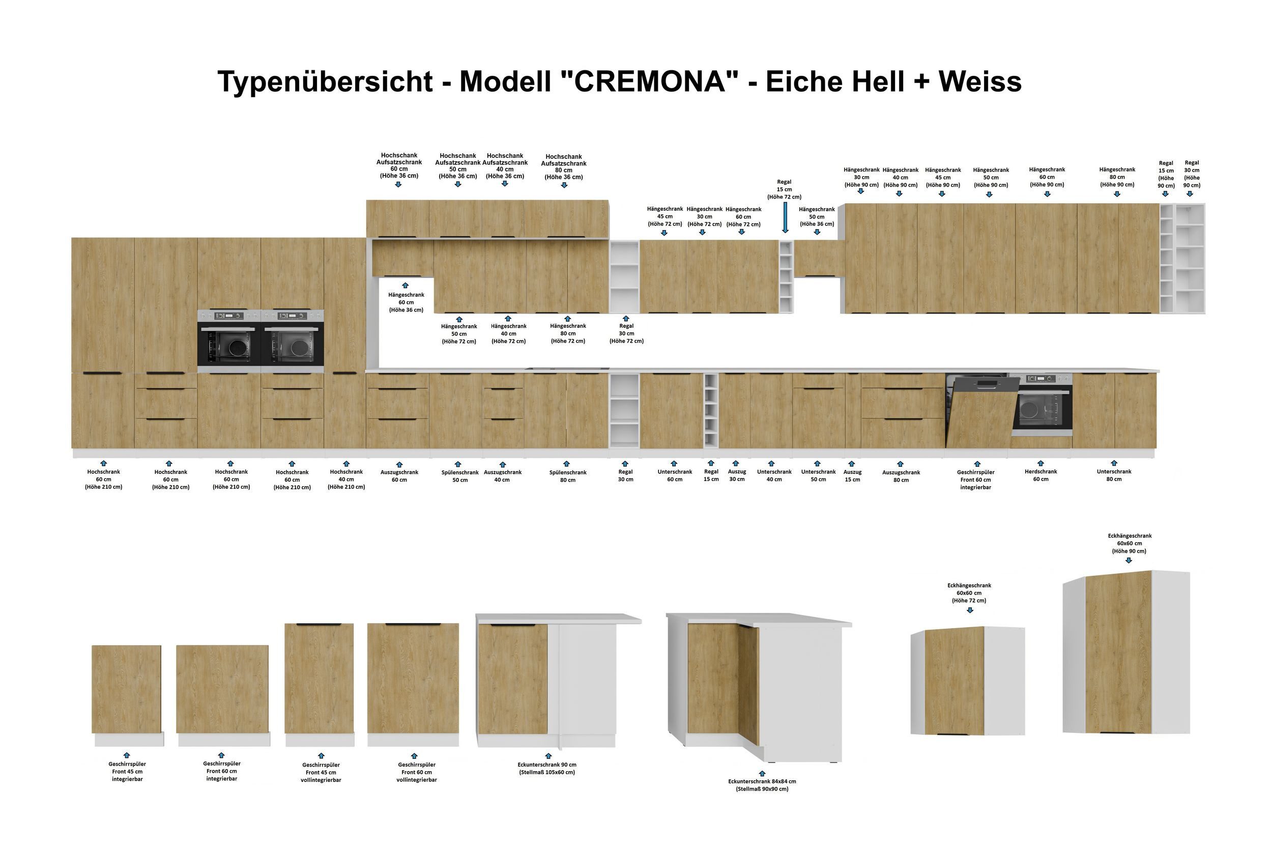 Küchen-Preisbombe Frontblende für integrierten Geschirrspüler 45 cm Küche CREMONA Eiche + Weiß (Frontblende Geschirrspüler 45 cm integriert, 1 St), Modern