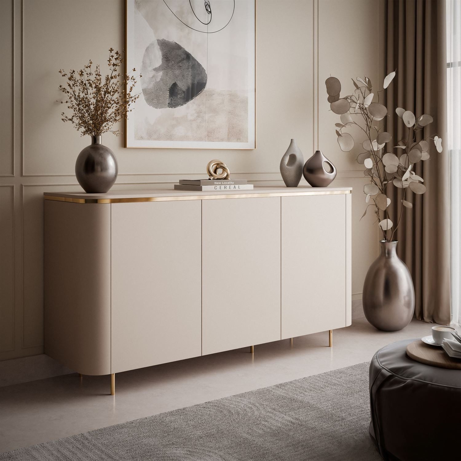 ALLHOUSE24 Kommode LINE Kaschmir mit goldenen Details, Push Open, abgerundeten Seiten (1x Kommode), Breite 140 cm