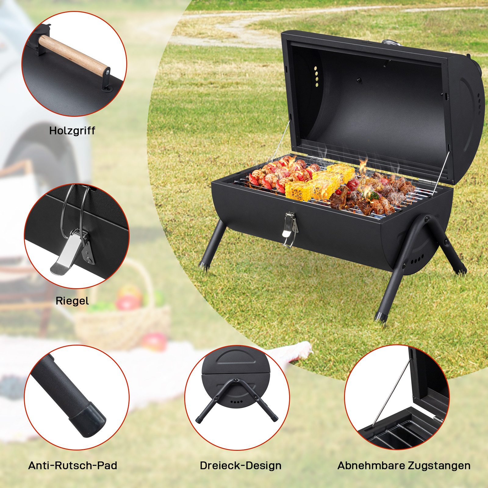 LALAHO Holzkohlegrill Tragbarer mit Deckel, Temperaturregelung, Tischgrill Klappgrill für Camping, Garten, 38x30.5x38cm – Bild 4 von 5
