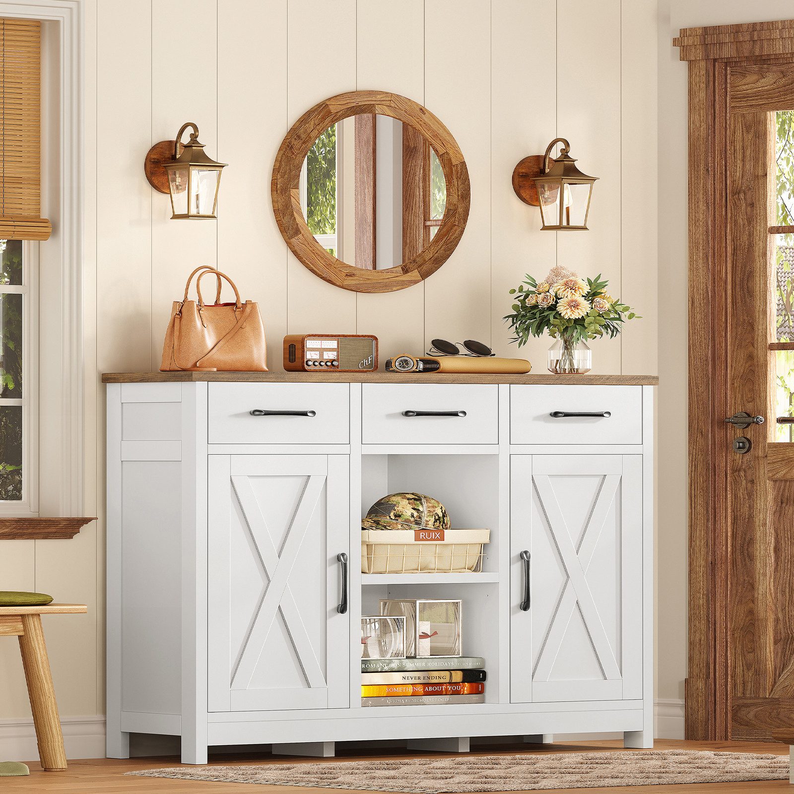 TEENFON Sideboard mit Doppeltüren, drei Schubladen und verstellbaren Einlegeböden (1 St), 90×30×80cm, weiß