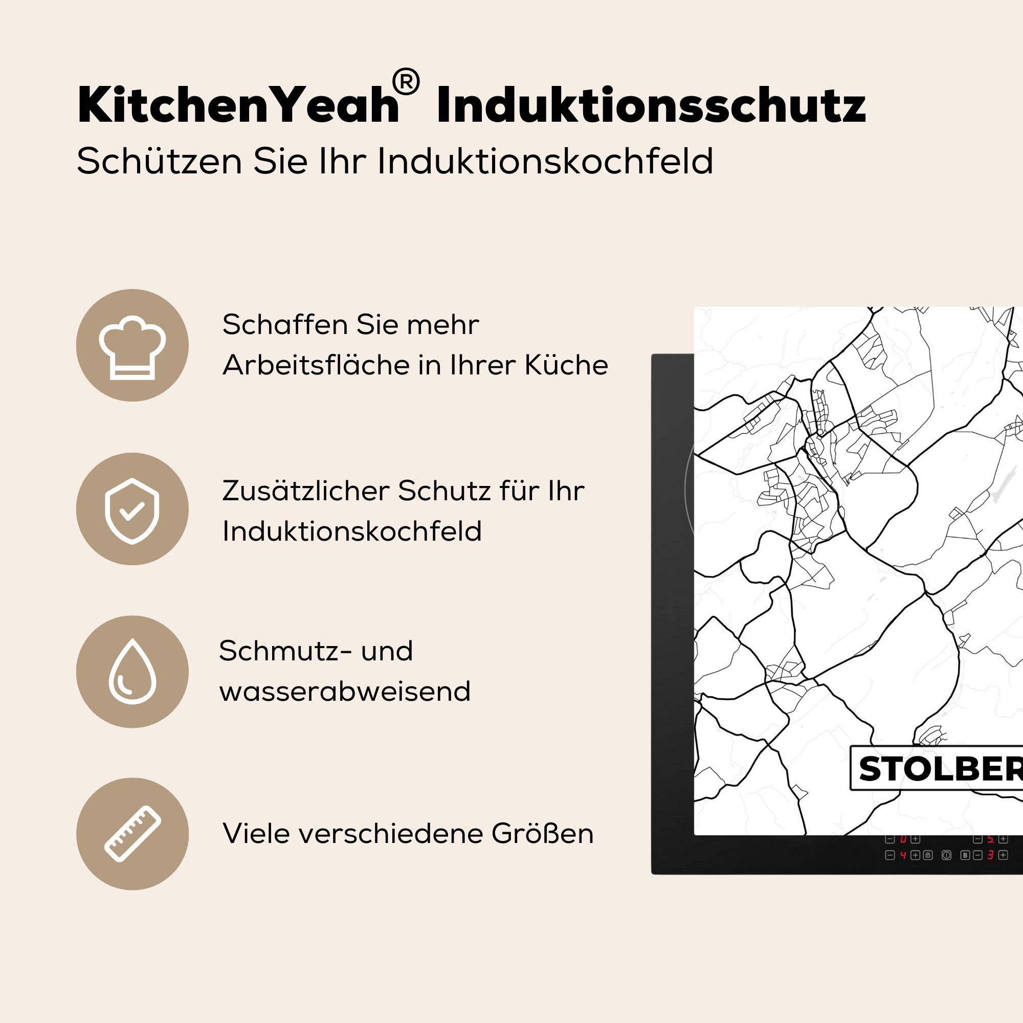 - Stolberg küche Karte Ceranfeldabdeckung, - MuchoWow Stadtplan, für tlg), 78x78 cm, (1 - Herdblende-/Abdeckplatte Karte Arbeitsplatte Vinyl,
