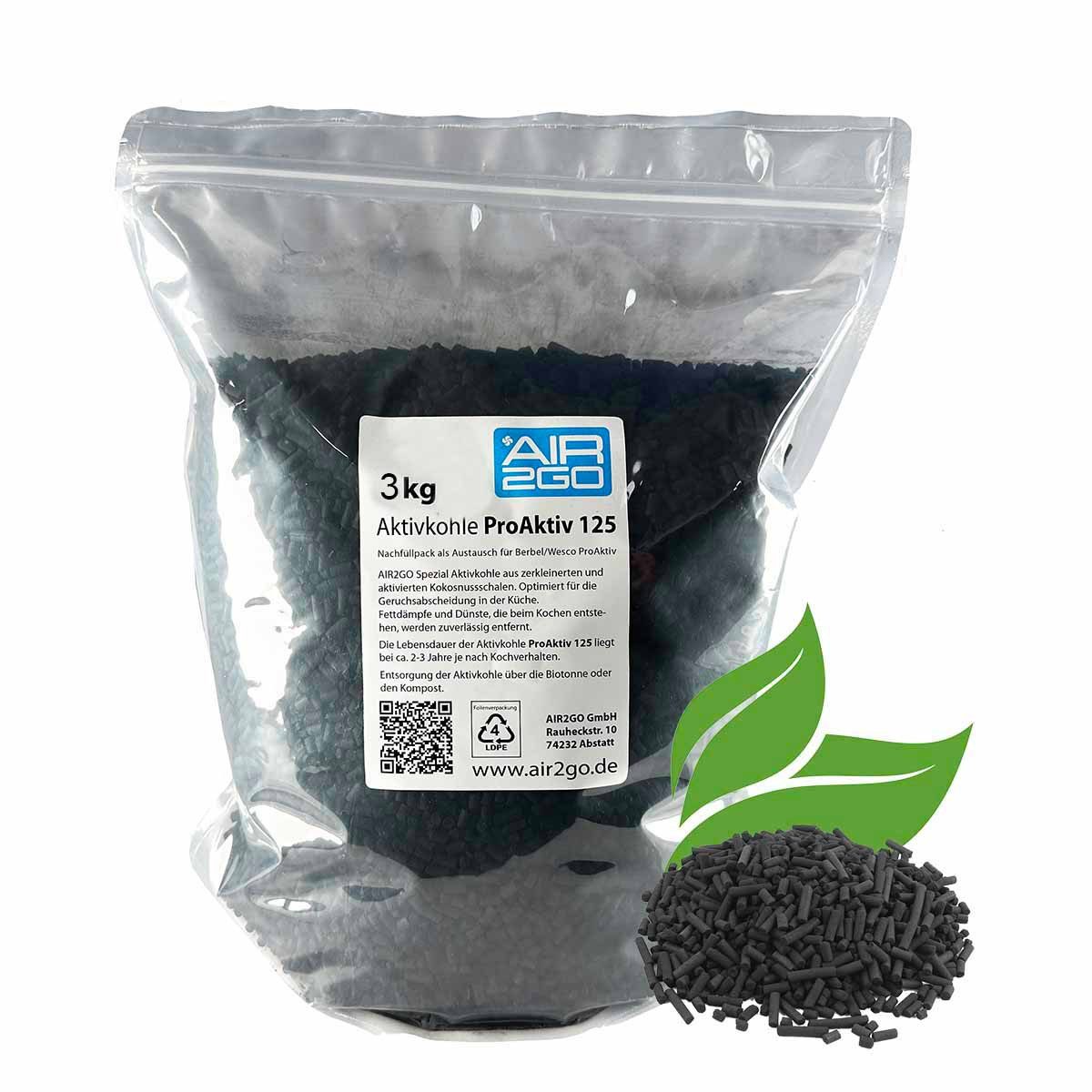 AIR2GO Aktivkohlefilter 3kg Aktivkohle ProAktiv 125 Pellets aus Kokosnussschale für Berbel, Zubehör für Aktivkohlefilter für BERBEL Wesco, Umluftfilter BUF125+, BUF BDL95, BUF BIH95, BUF GU, BUF BDL 180, Passend für Dunstabzugshauben von BERBEL
