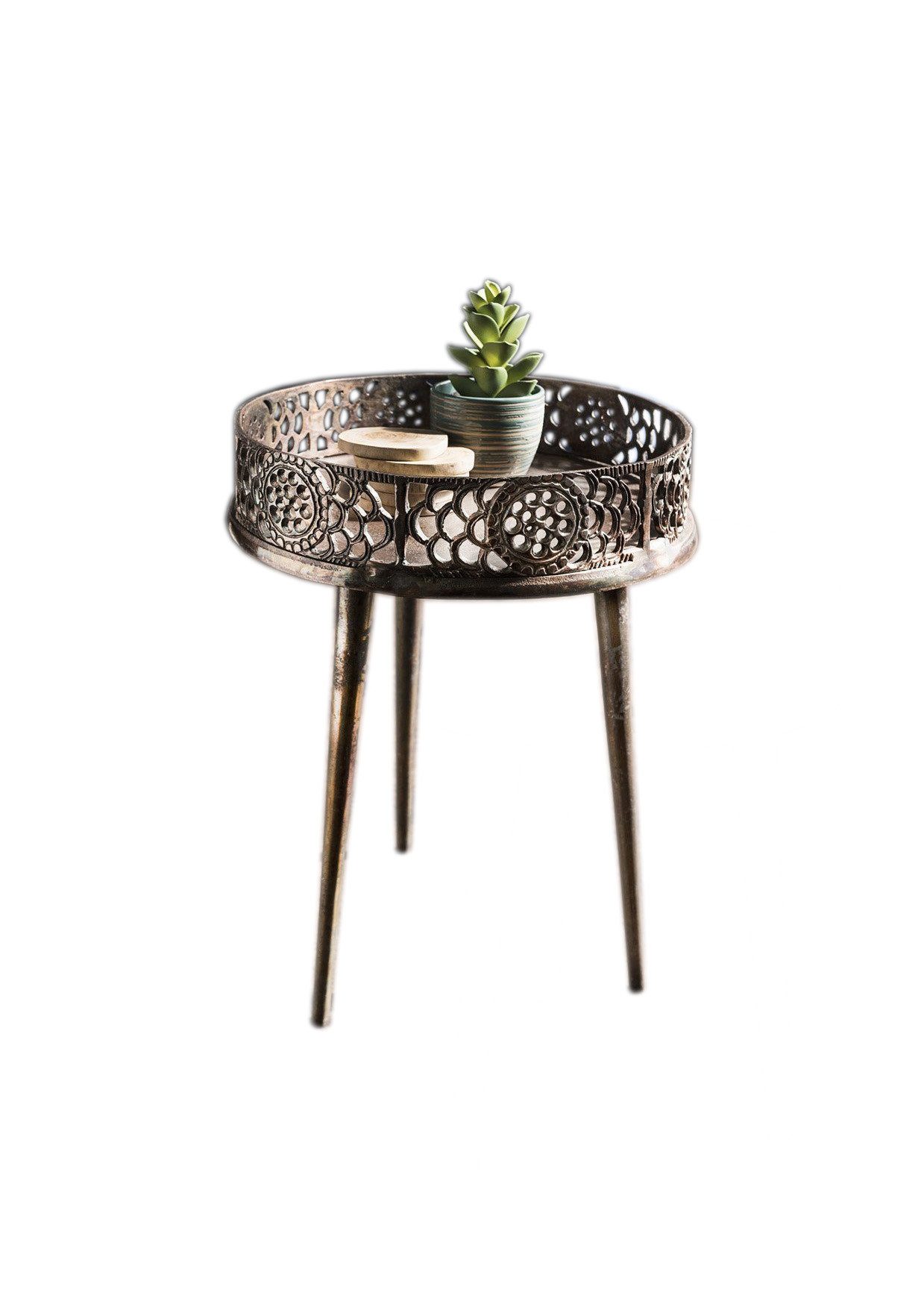 Beistelltisch ZOE, L=rund 50 cm, mit Ornament-Rand, Metall antik-kupferfarbig