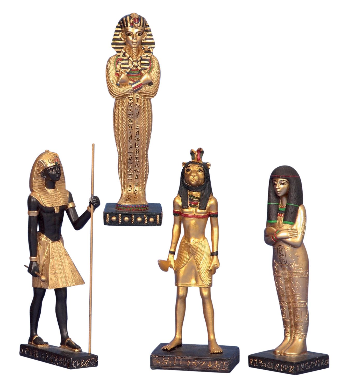 Geschenkestadl Dekofigur Ägyptische Figuren – Pharaonen & Götter Tutanchamun, Kleopatra, Maahes (Spar-Set, 4 St., Tutanchamun, Kleopatra, Maahes und einer weiteren Pharaonenfigur), typisch ägyptische Gewänder
