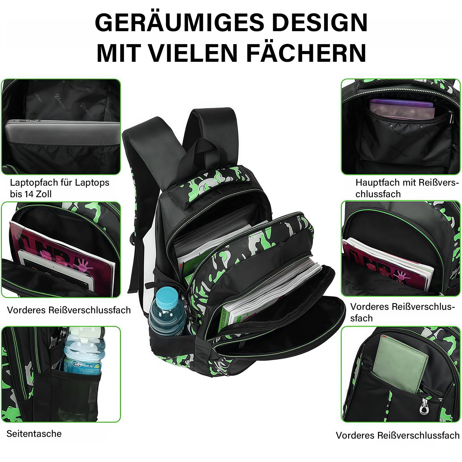 MOPUEA Schulrucksack Schulrucksack-Set Jungen Teenager coole Camouflage-Büchertaschen, mit Lunchbox, Federmäppchen, 3-teilig
