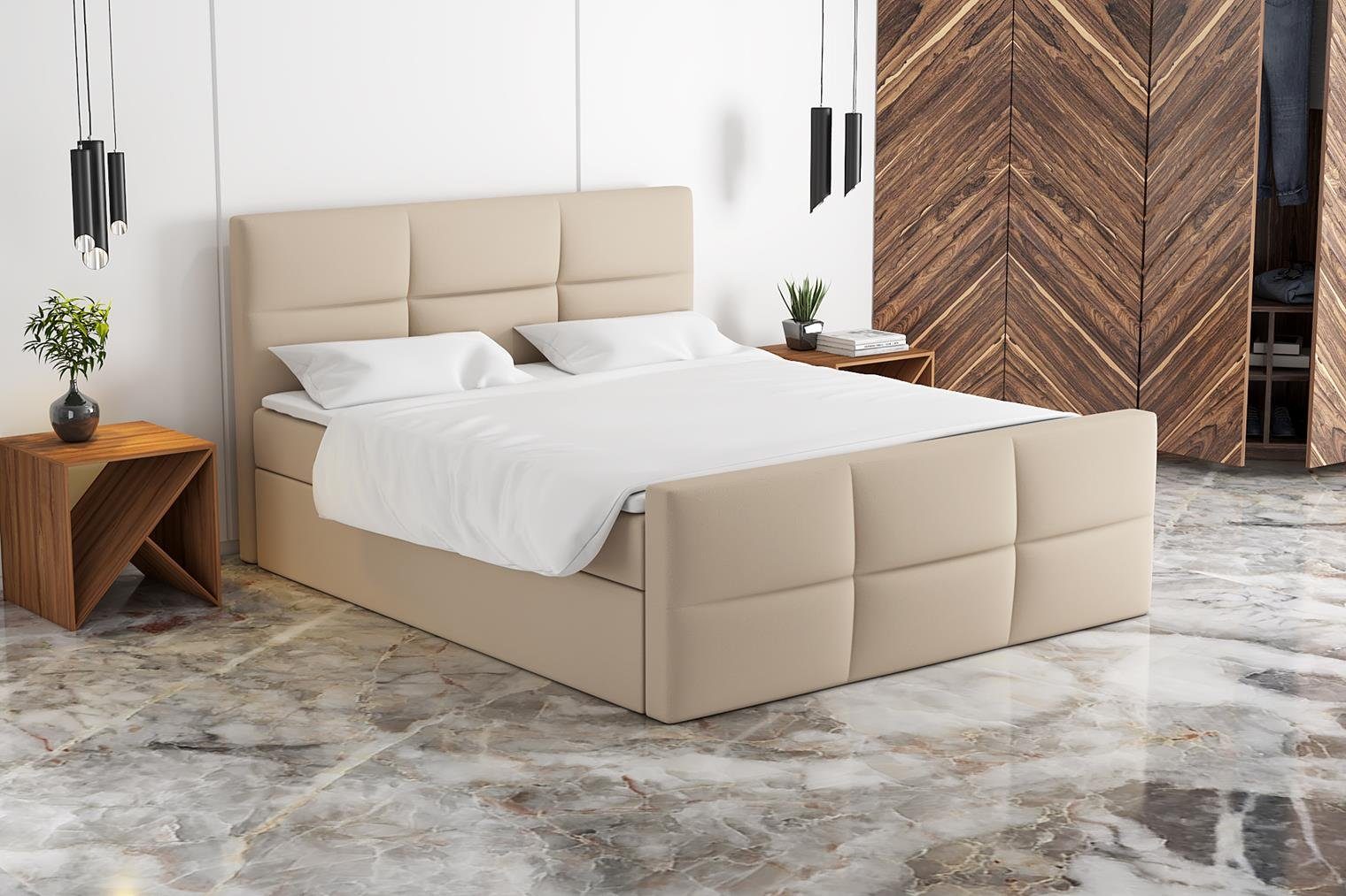 A&J MöbelLand GmbH Boxspringbett HAKI mit 2 Bettkästen, Bonell-Matratze. Beige 04