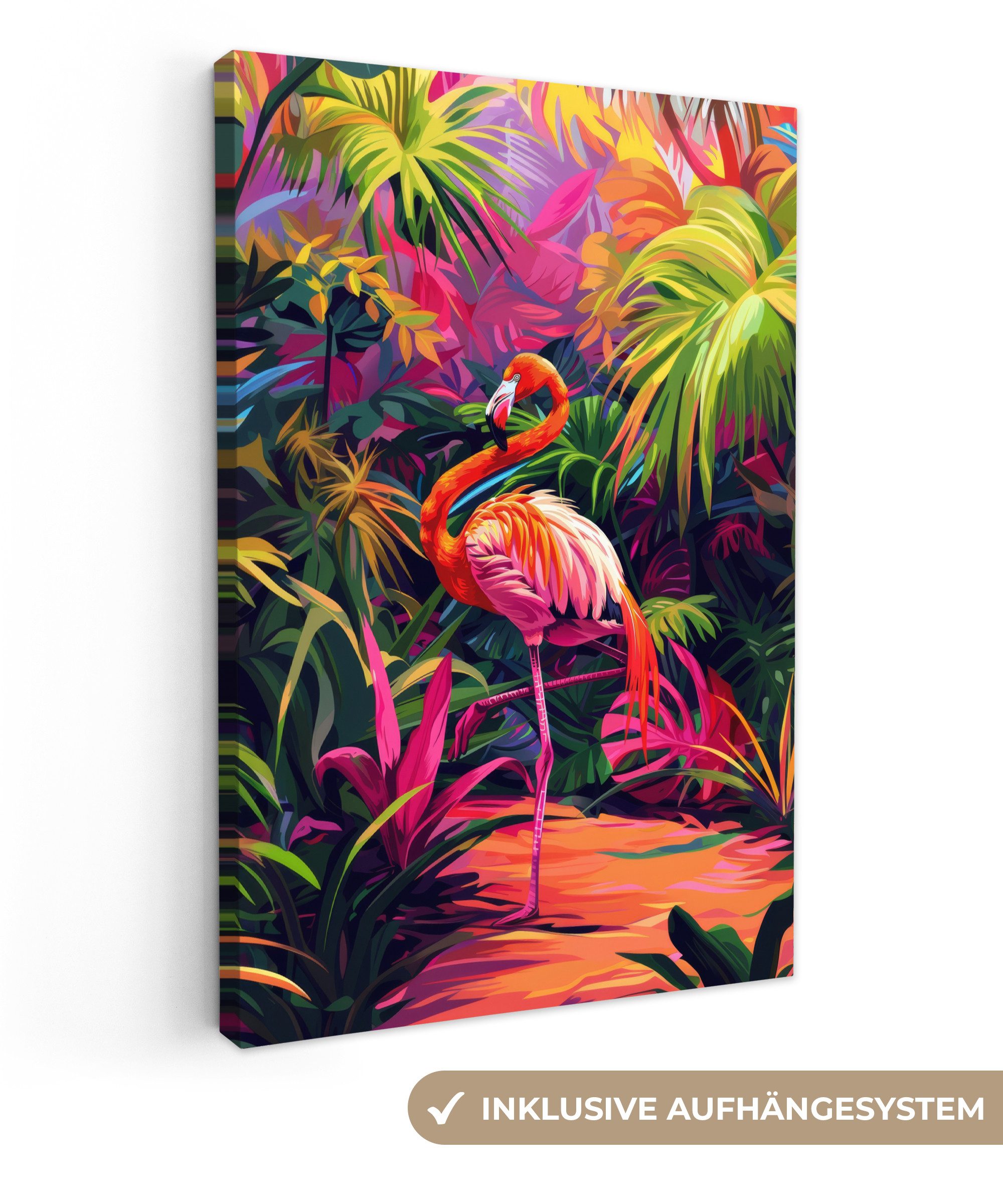 OneMillionCanvasses® Leinwandbild Flamingo - Tropisch - Tier - Blätter, Fot günstig online kaufen