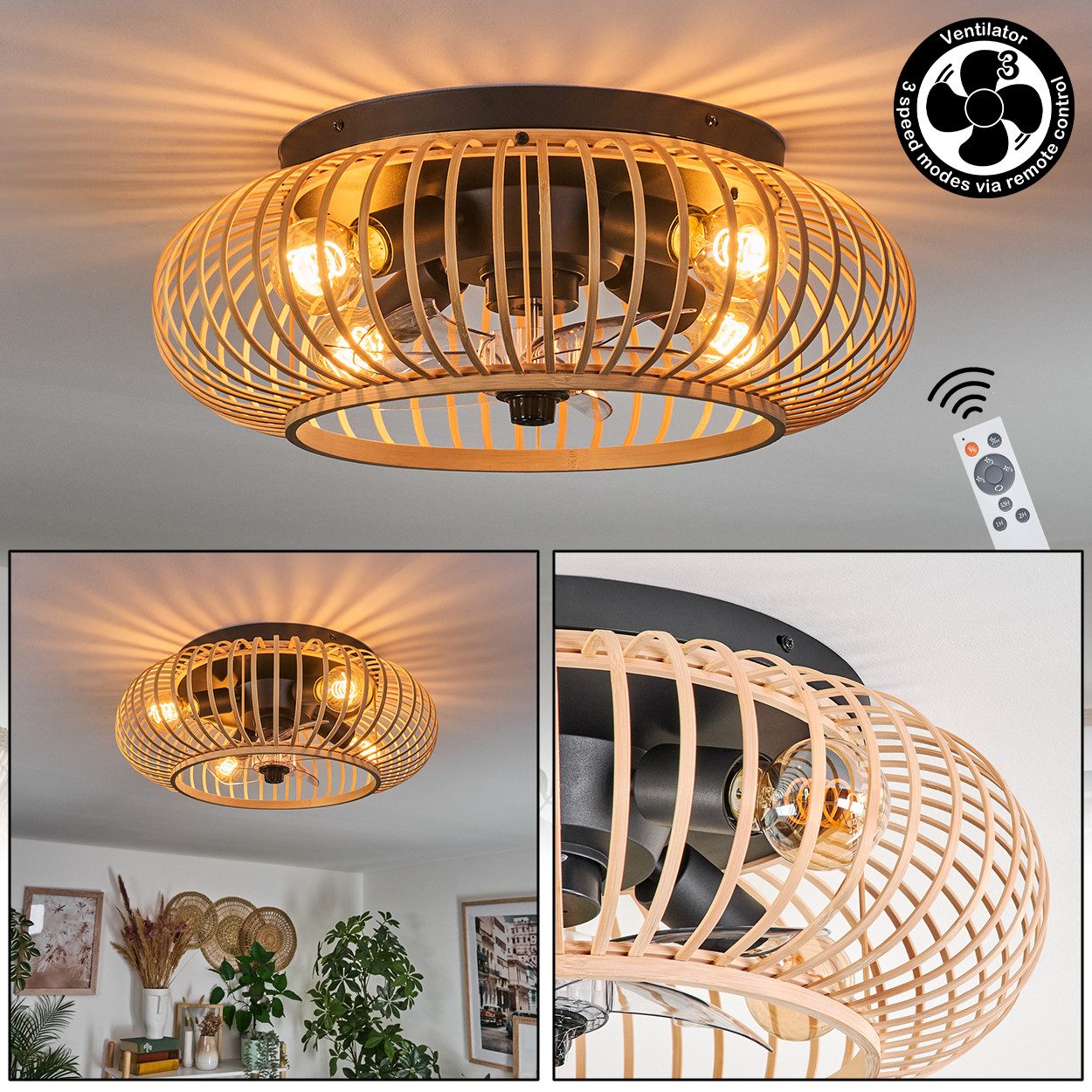 hofstein Deckenleuchte Deckenventilator mit Beleuchtung aus Metall/Bambus, Fernbedienung, ohne Leuchtmittel, Auf-/Abwind-Funktion, Lichteffekt, Ø 50cm, 4xE27, ohne Leuchtmittel