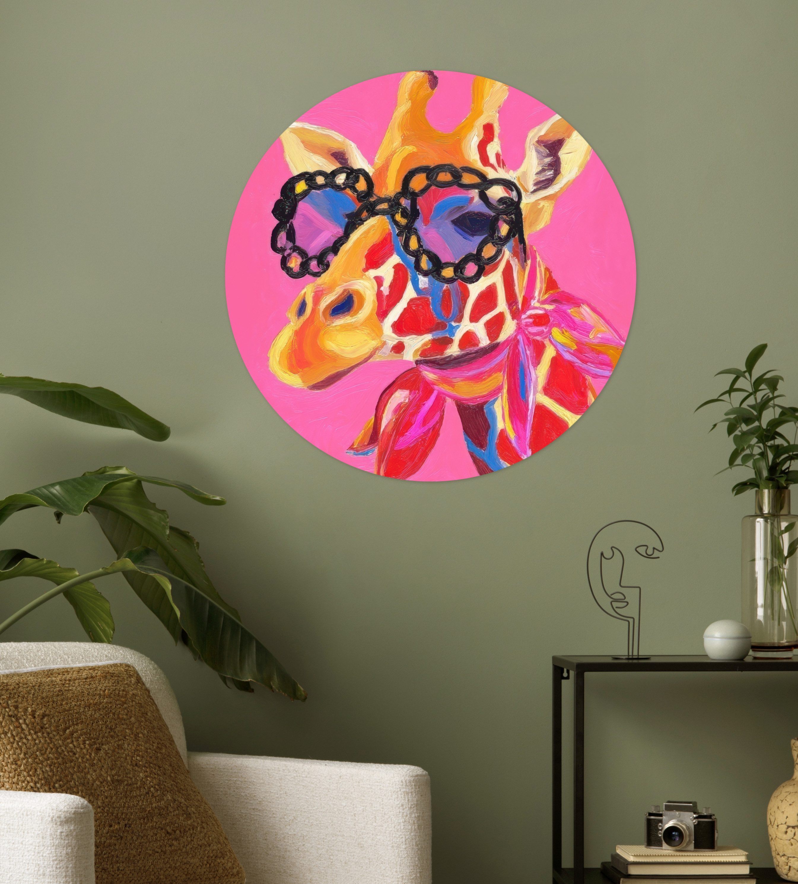 MuchoWow Wandsticker Giraffe - Rosa - Brille - Halstuch (1 St), Tapetensticker Selbstklebend, Wandbild Wohnzimmer, 80x80 cm