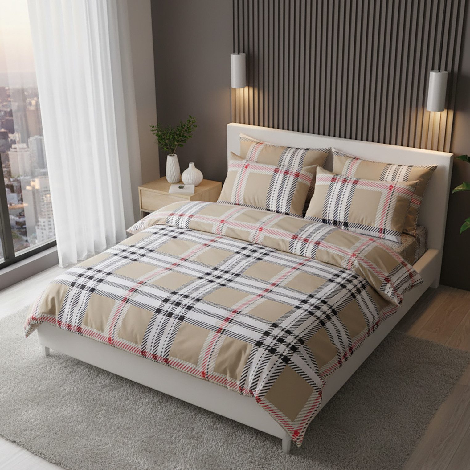 Buymax Bettwäsche Jurado, Bettgarnitur, Bettbezug Set, Renforce: 100% Baumwolle, 2 teilig, mit Reißverschluss, gemustert, Karo, Beige, 135x200 cm