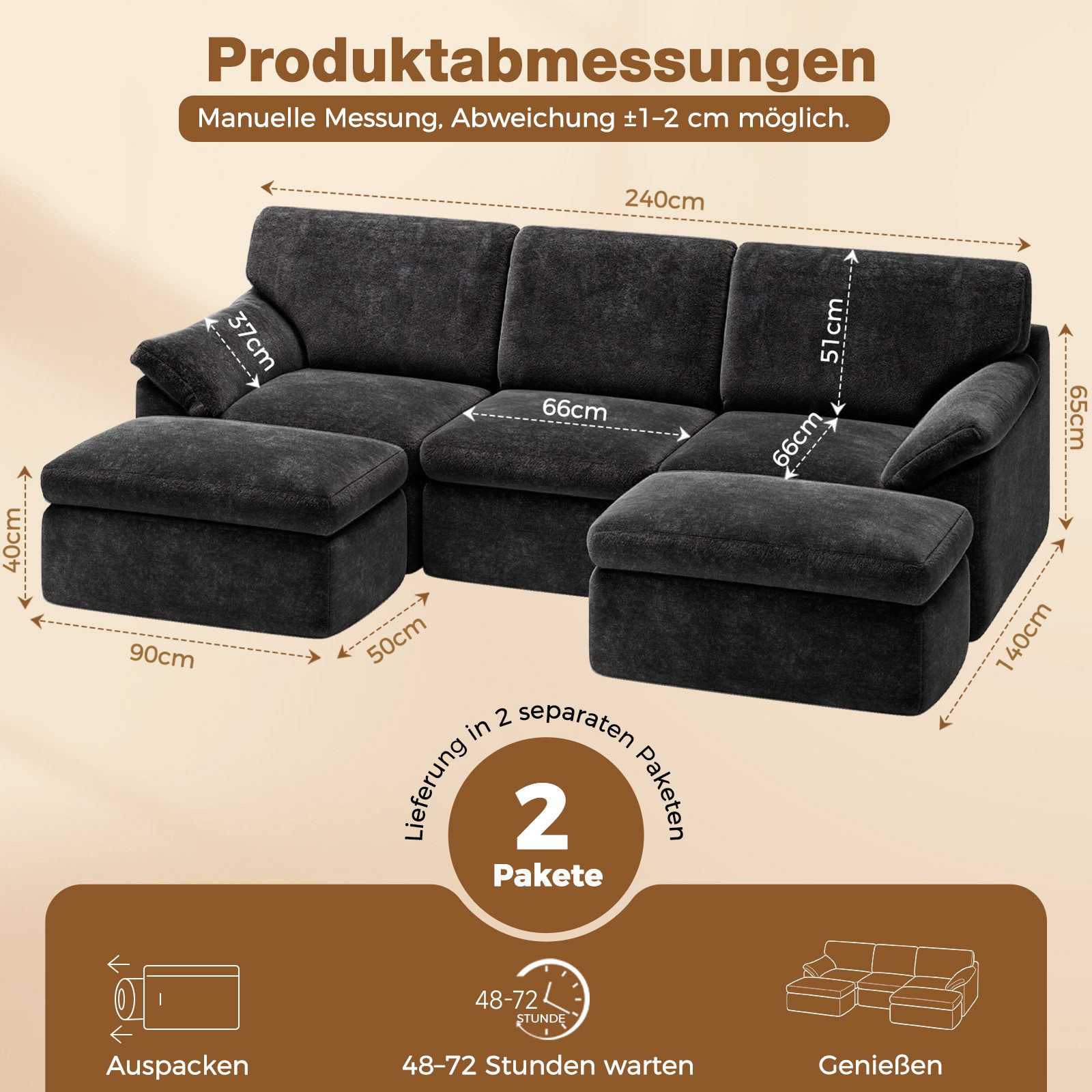 Gywowken Wohnlandschaft - Modulares Sofa 240 cm breit - Couch U-Form - Vakuumverpackt, Set, mit Liegefläche - Schlafsofa - keine Montage erforderlich – Bild 2 von 5