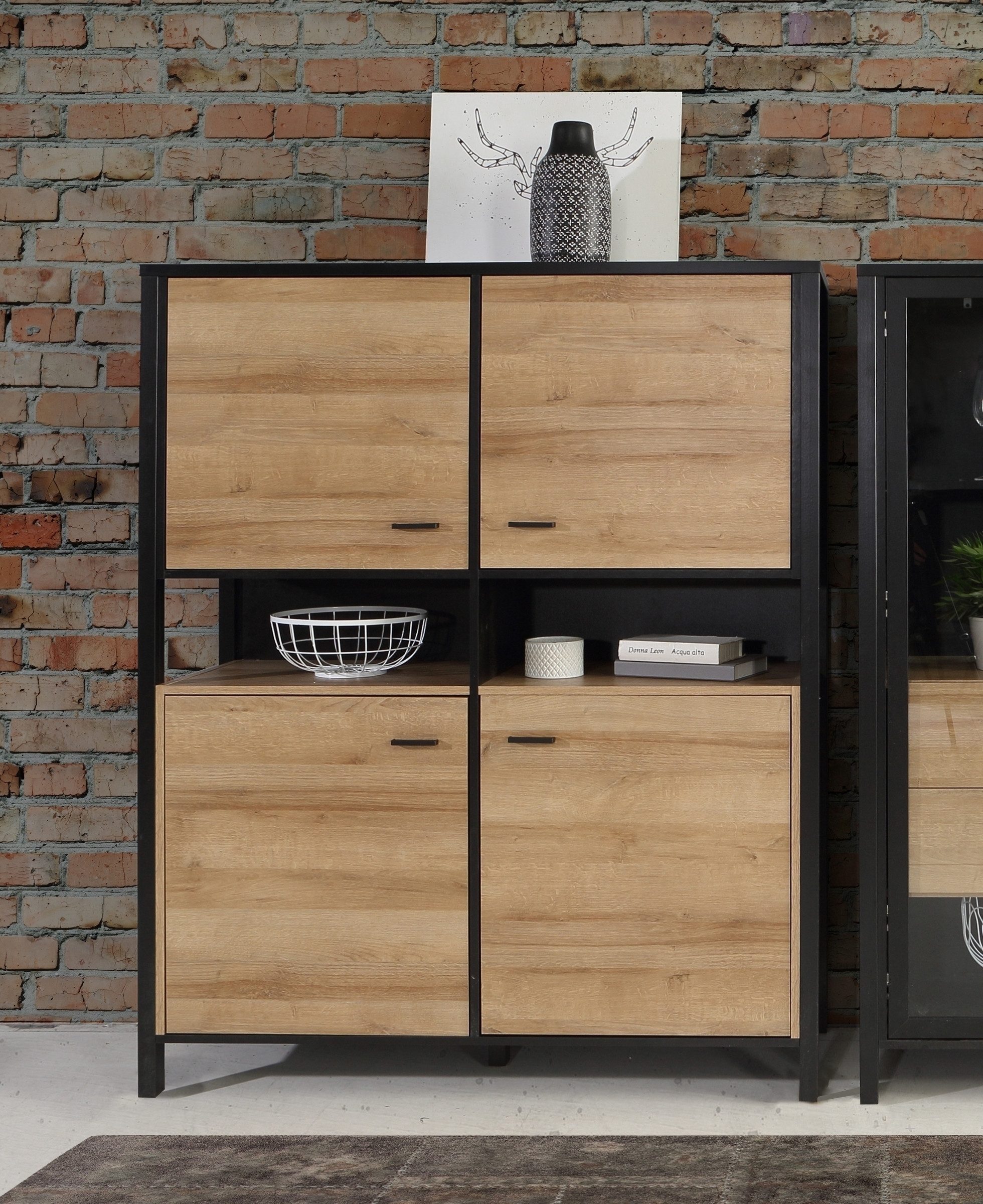 freiraum Highboard HIGH ROCK, in Schwarz/ Riviera Eiche Dekor, 4 Türen - 121,3x152,3x40,2cm (BxHxT)