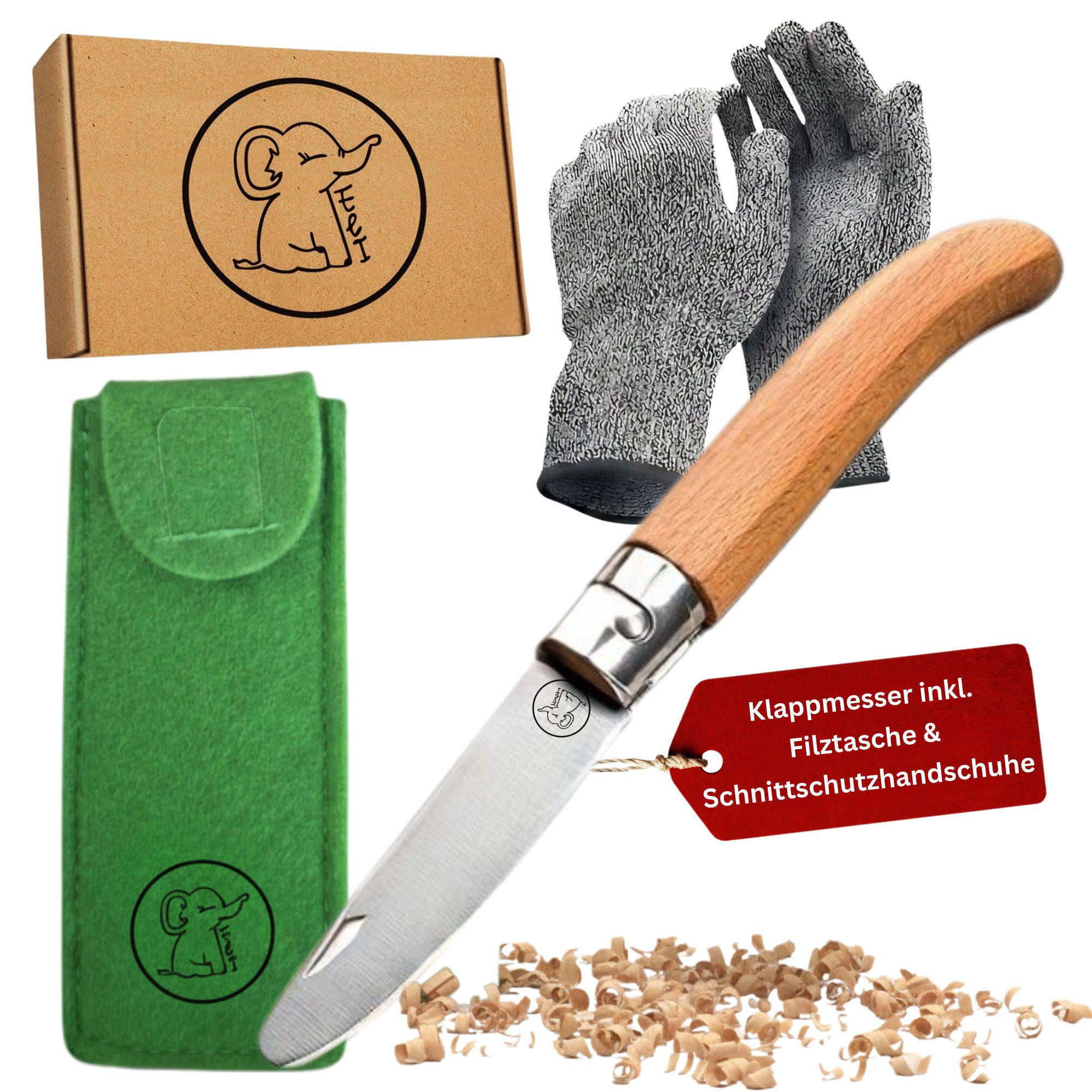 Eli Taschenmesser Schnitzmesser Kinder - Kindermesser mit Filztasche Kindertaschenmesser, (Schnitzwerkzeug - Outdoor Messer, Kinderschnitzmesser - Griff aus Buchenholz), inkl. schnittfeste Handschuhe - Beidhändig - rostfreier Stahl
