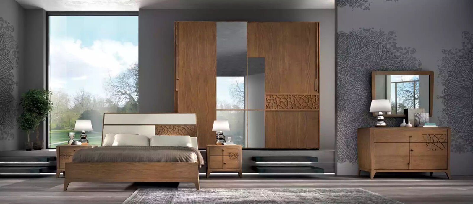 Braun Italy in + Spiegel Schlafzimmer Made Modern Spiegel), JVmoebel Kommode Kommode Neu Kommode St., mit (2 Möbel Holz