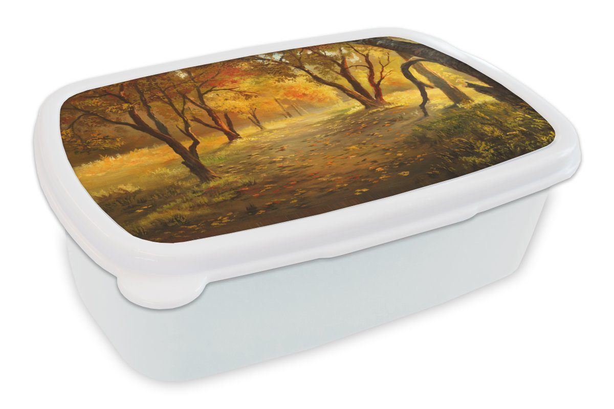 MuchoWow Lunchbox Eine Illustration eines Waldes im Herbst, Kunststoff, (2-tlg), Brotbox für Kinder und Erwachsene, Brotdose, für Jungs und Mädchen weiß