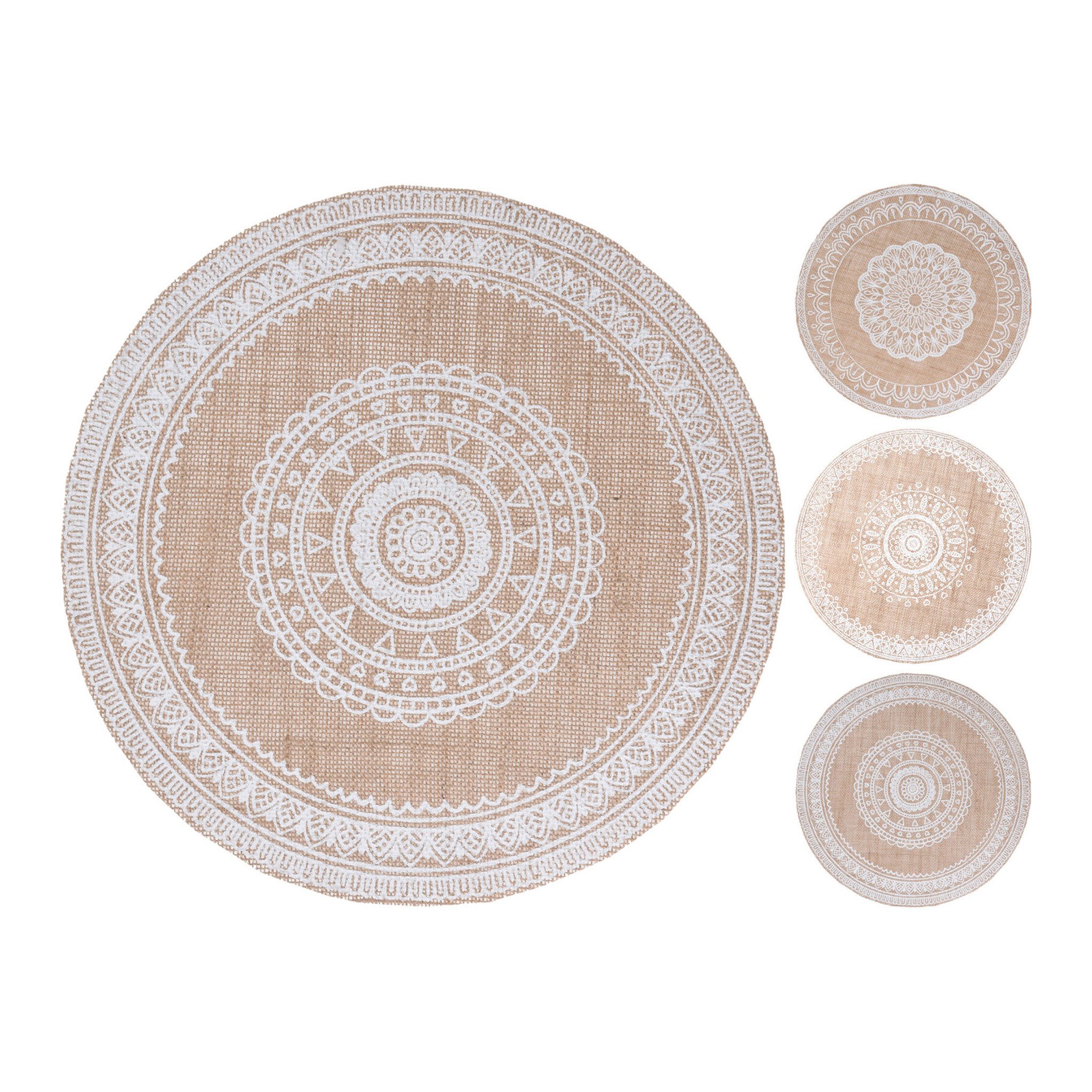 Platzset, Home & styling collection, Tischsets rund Jute 38cm Ornament Muster 4 Stück sort. Beige / Weiß