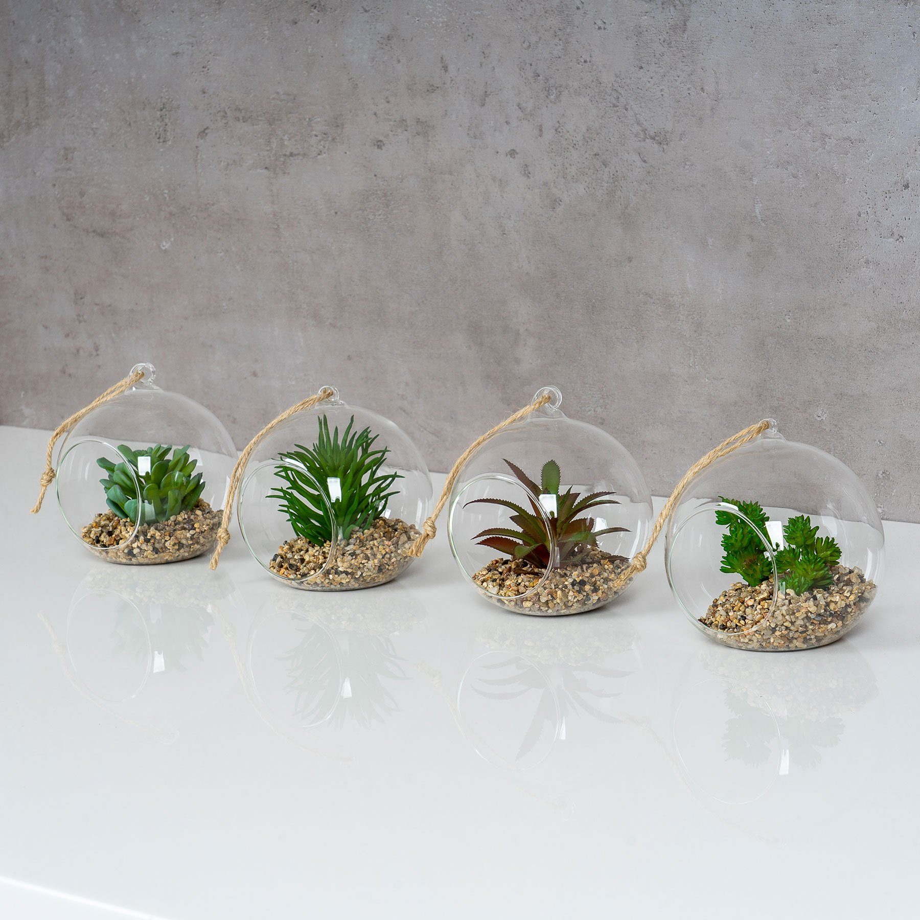 Levandeo® Dekoobjekt, 4er Set Sukkulenten Glas 10x12cm Pflanze Grün Tischdeko Kunstpflanze Set 1