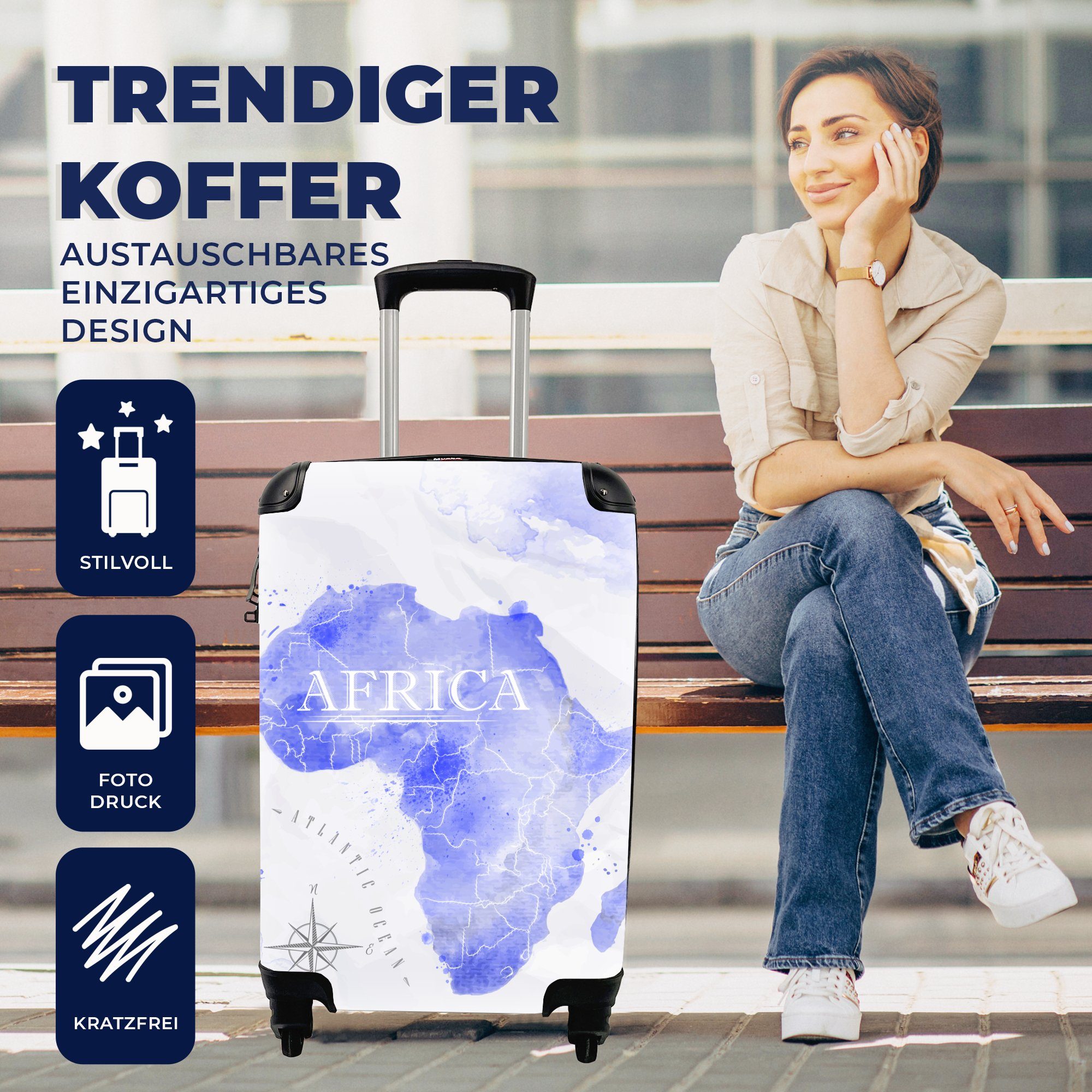 Wasserfarben Reisetasche 4 Reisekoffer für mit Trolley, Handgepäck - Blau, rollen, MuchoWow Ferien, Weltkarten Rollen, Handgepäckkoffer -