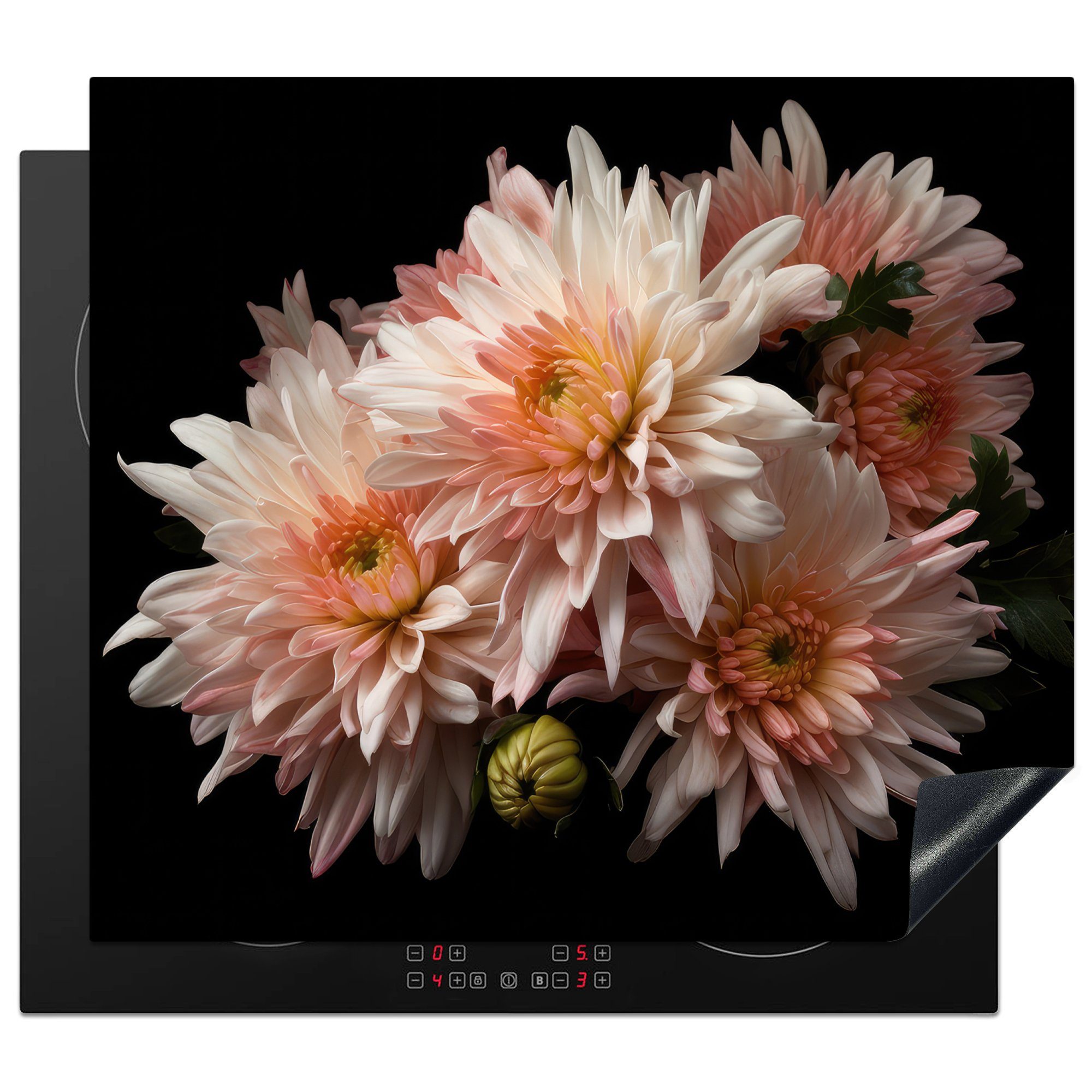 MuchoWow Herdblende-/Abdeckplatte Chrysantheme - Blumen - nutzbar, Mobile tlg), (1 Vinyl, Weiß Schwarz, Ceranfeldabdeckung 60x52 - - Natur Arbeitsfläche cm