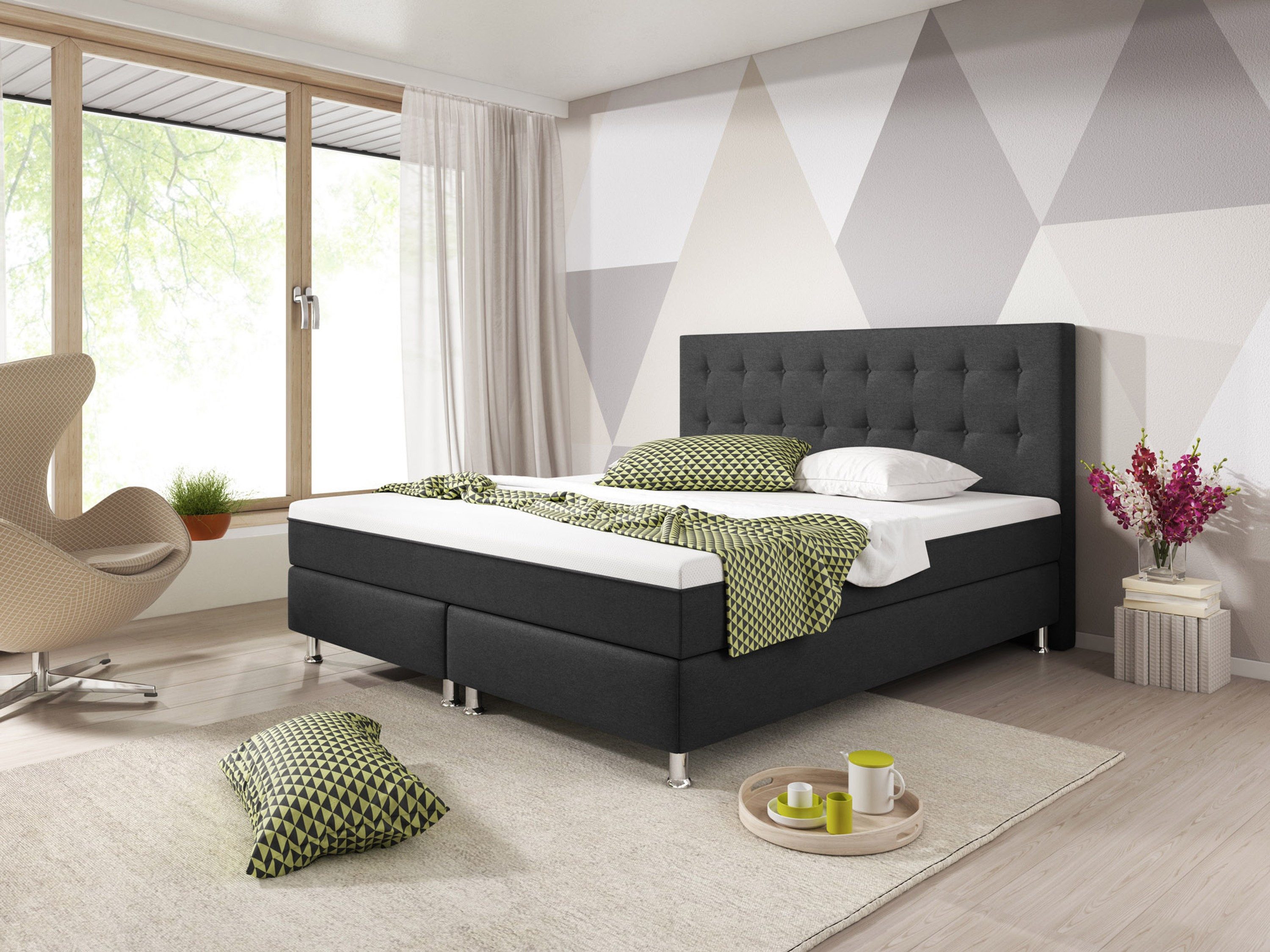 inter Boxspringbett Köln Plus Webstoff mit 7 Zonen Taschenfederkern und Topper-Optik (180x200 cm, Anthrazit mit 7 Zonen Taschenfederkernmatratzen und Topper-Optik), Taschenfederkern-Komfort, gepolstertes Kopfteil, inklusive Matratzen