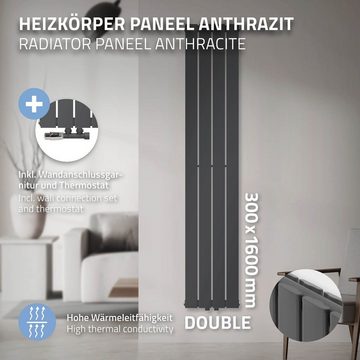 LuxeBath Heizkörper Paneelheizkörper Doppellagig 30x160cm inkl. Wand Anschlussgarnitur, Doppellagig 1600x300mm Anthrazit Mittelanschluss mit Wandanschluss