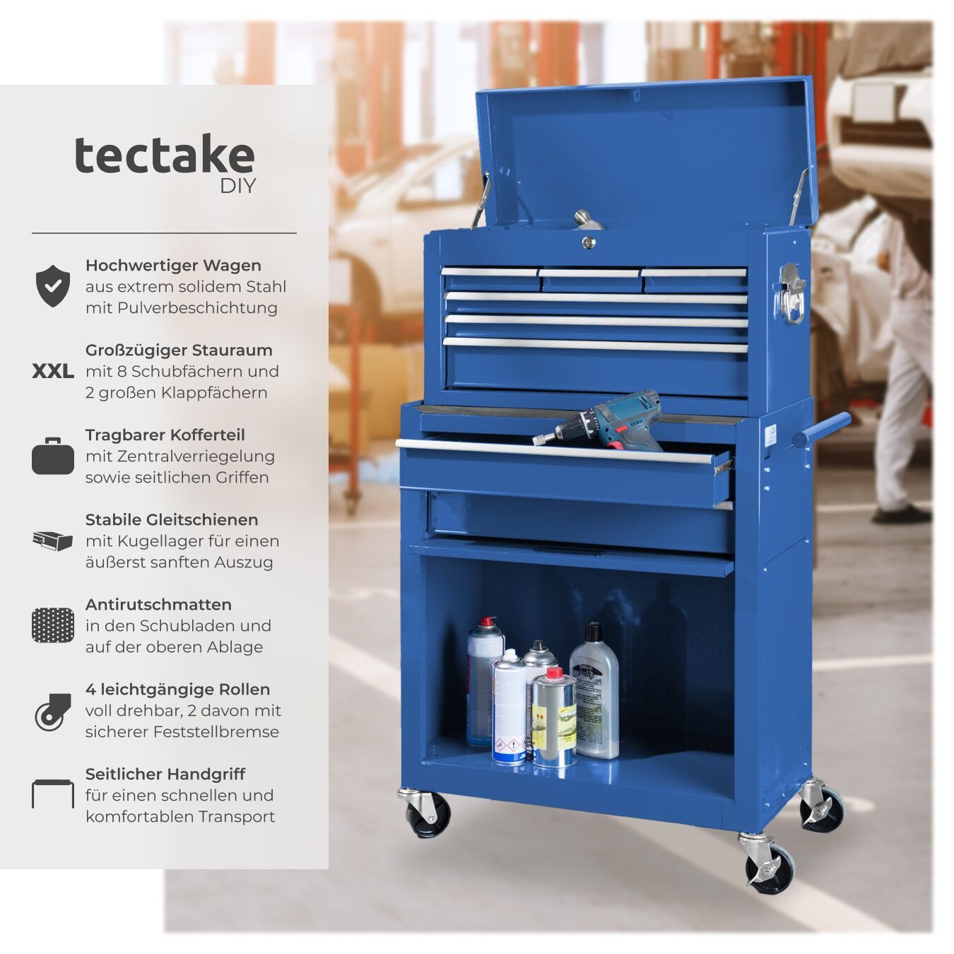 tectake Werkzeugwagen Werkstattwagen mit 10 Fächern, blau, 8 kugelgelagerte günstig online kaufen