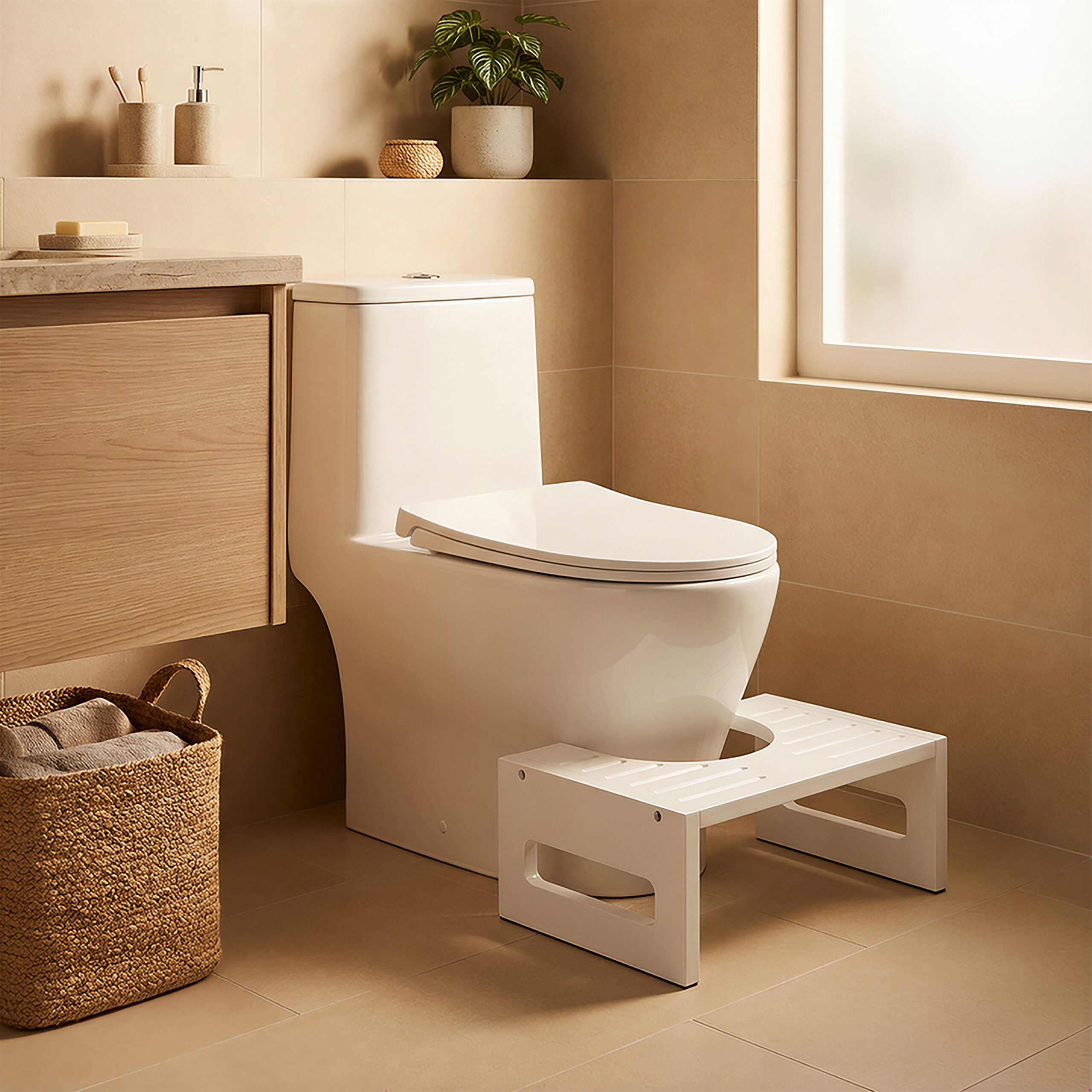 relaxdays Fußhocker Toilettenhocker aus Bambus (1 St), weiß – Bild 2 von 5