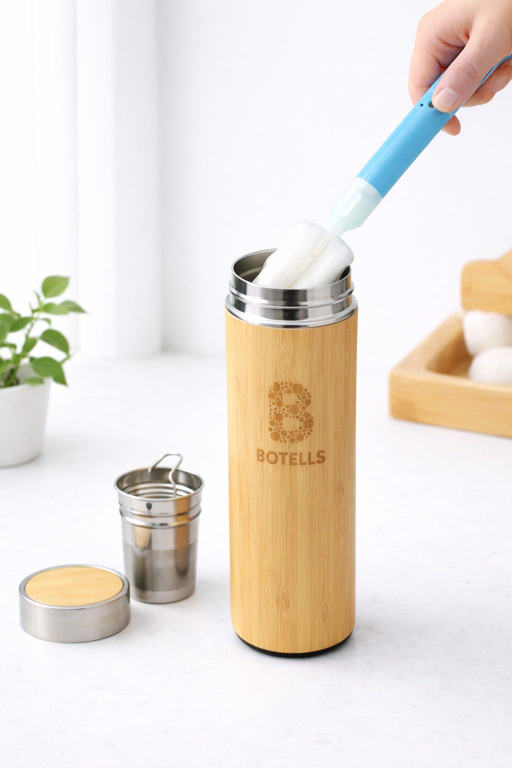 Botells Thermoflasche Isolierflasche Bambus & Edelstahl, Teesieb, 500 ml, auslaufsicher, lebensmittelechter Edelstahl, nachhaltig Ressourcen sparend, 0,5l