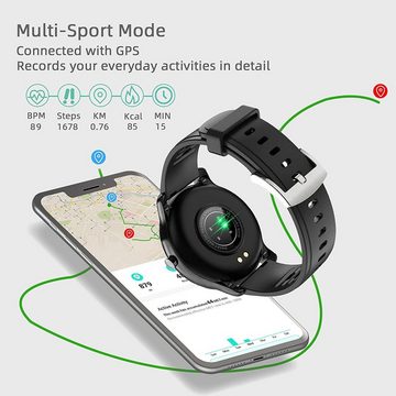 Diyarts Smartwatch (1,28 Zoll), Fitness-Tracker, Farb-Touchscreen runder Bildschirm Herzfrequenzmesser IP67