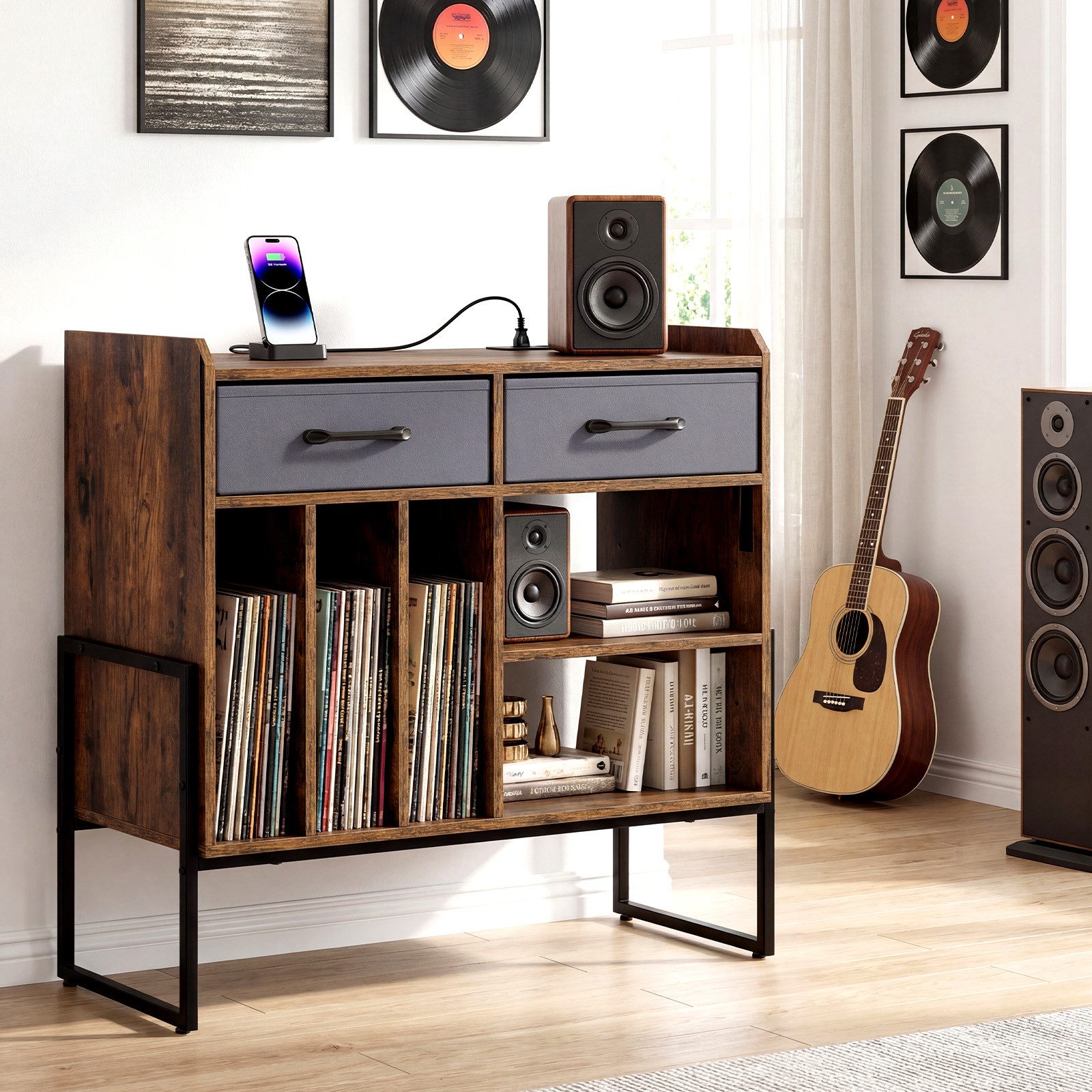 COSTWAY Sideboard Plattenspieler Tisch mit Steckdosen, Schallplattenregal, Plattenständer – Bild 2 von 5