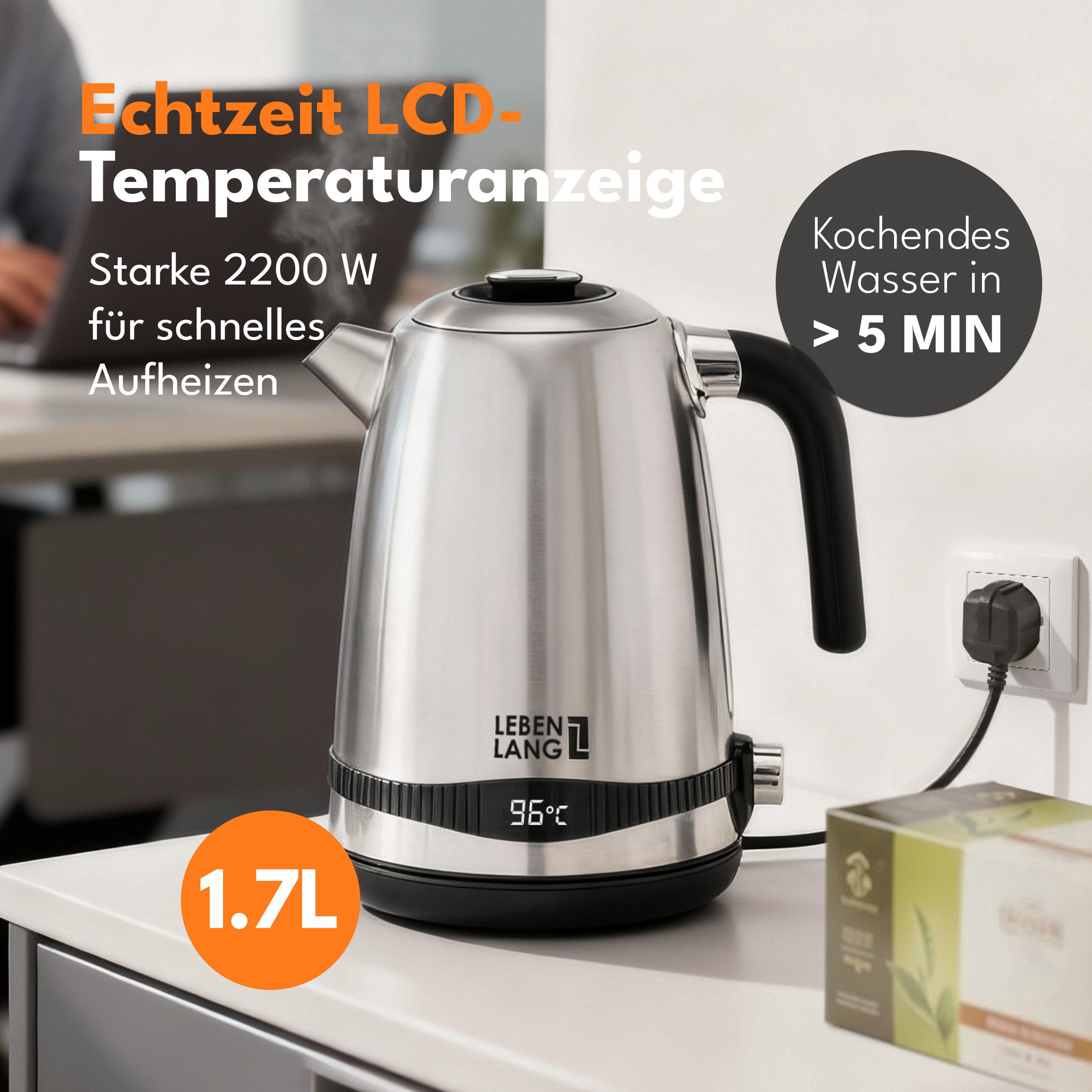 Lebenlang Wasserkocher Edelstahl mit Warmhaltefunktion - Preis-/Leistungssieger, 1.7 l, 2200,00 W, Präzise Temperaturregelung, Digitale Anzeige, BPA-frei, 360-Grad-Basis