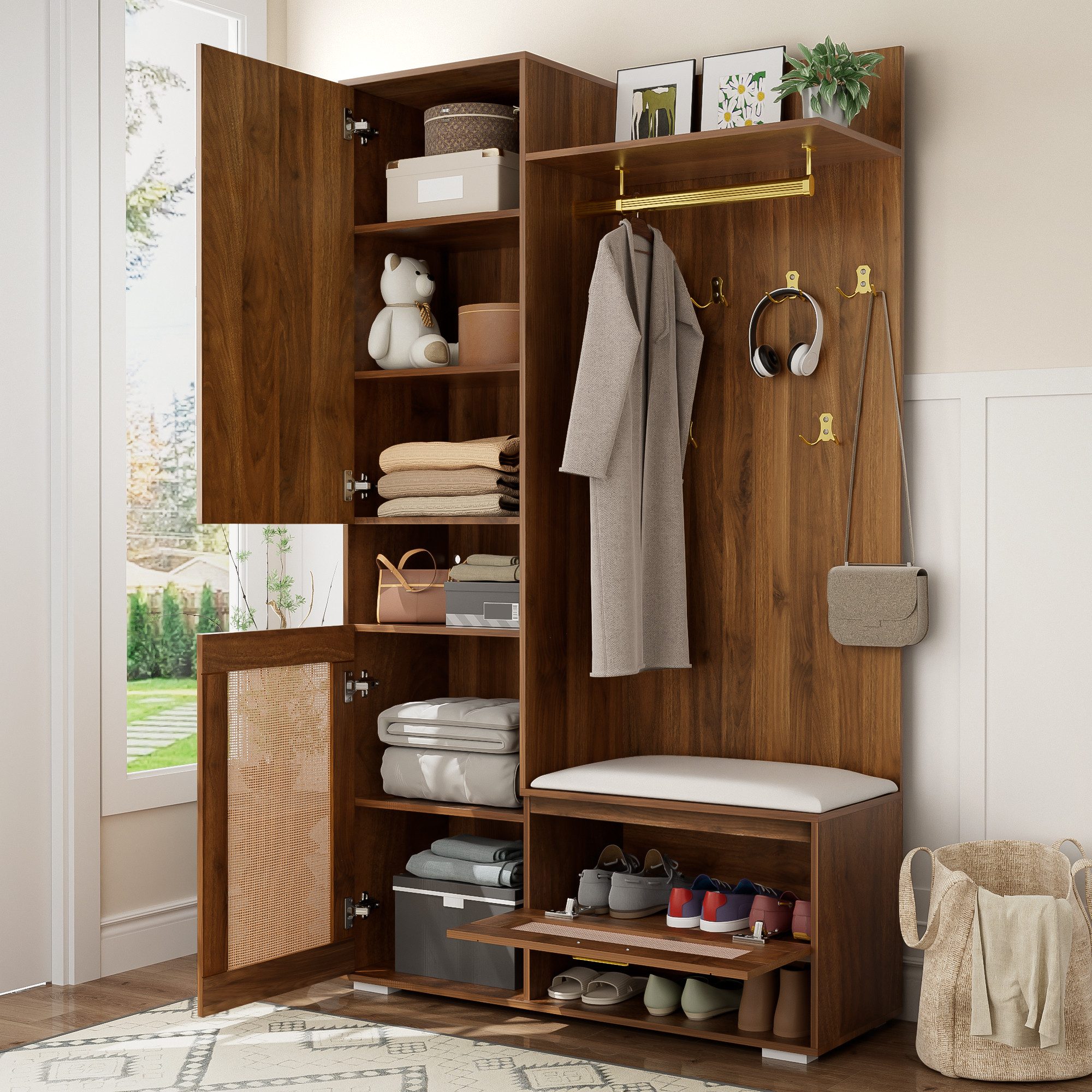 Merax Garderoben-Set mit Spiegel & goldenen Akzenten, Flurschrank mit LED-B günstig online kaufen